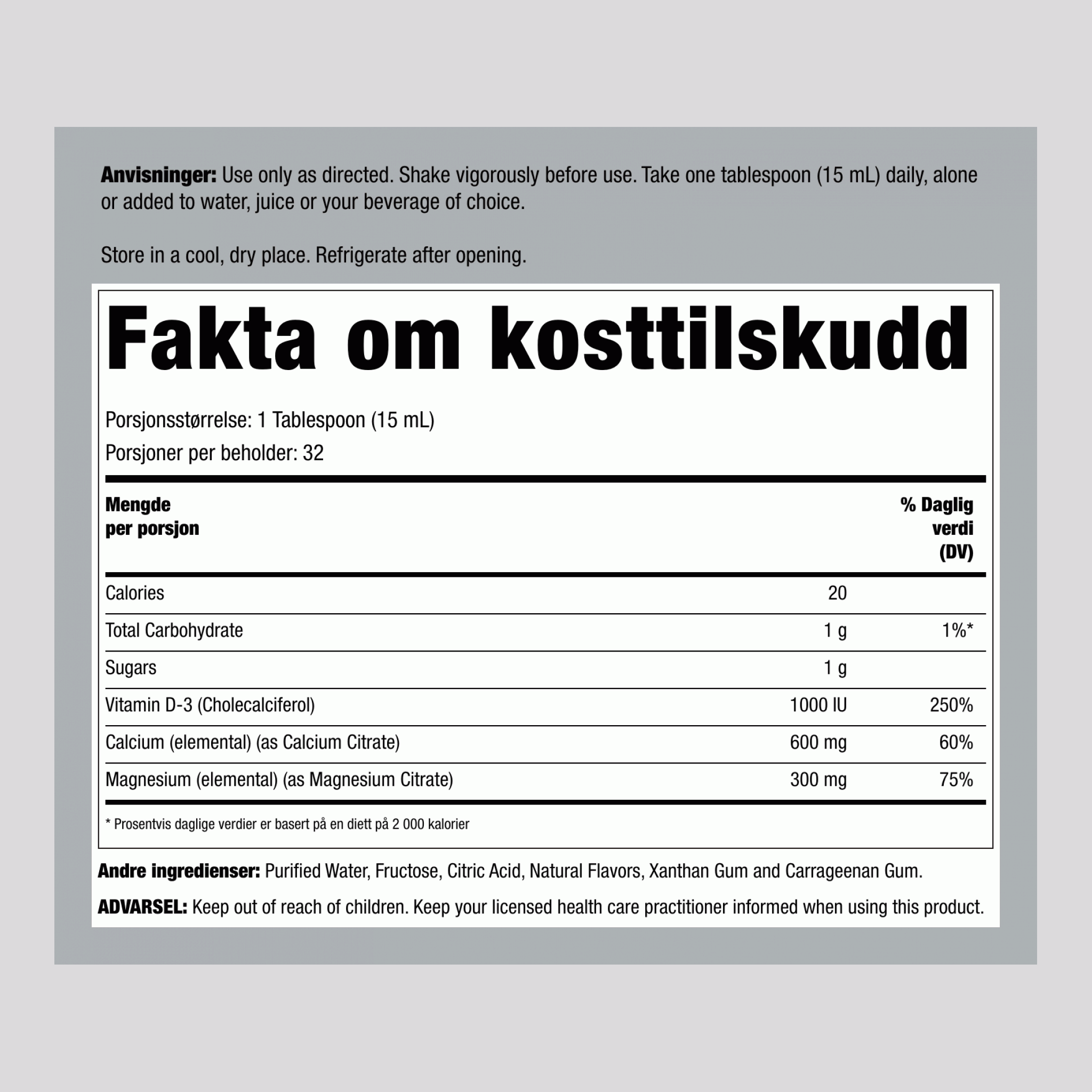 Kalsiummagnesiumsitrat pluss D3, flytende (appelsin/vanilje) 16 ounce 473 mL Flaske    