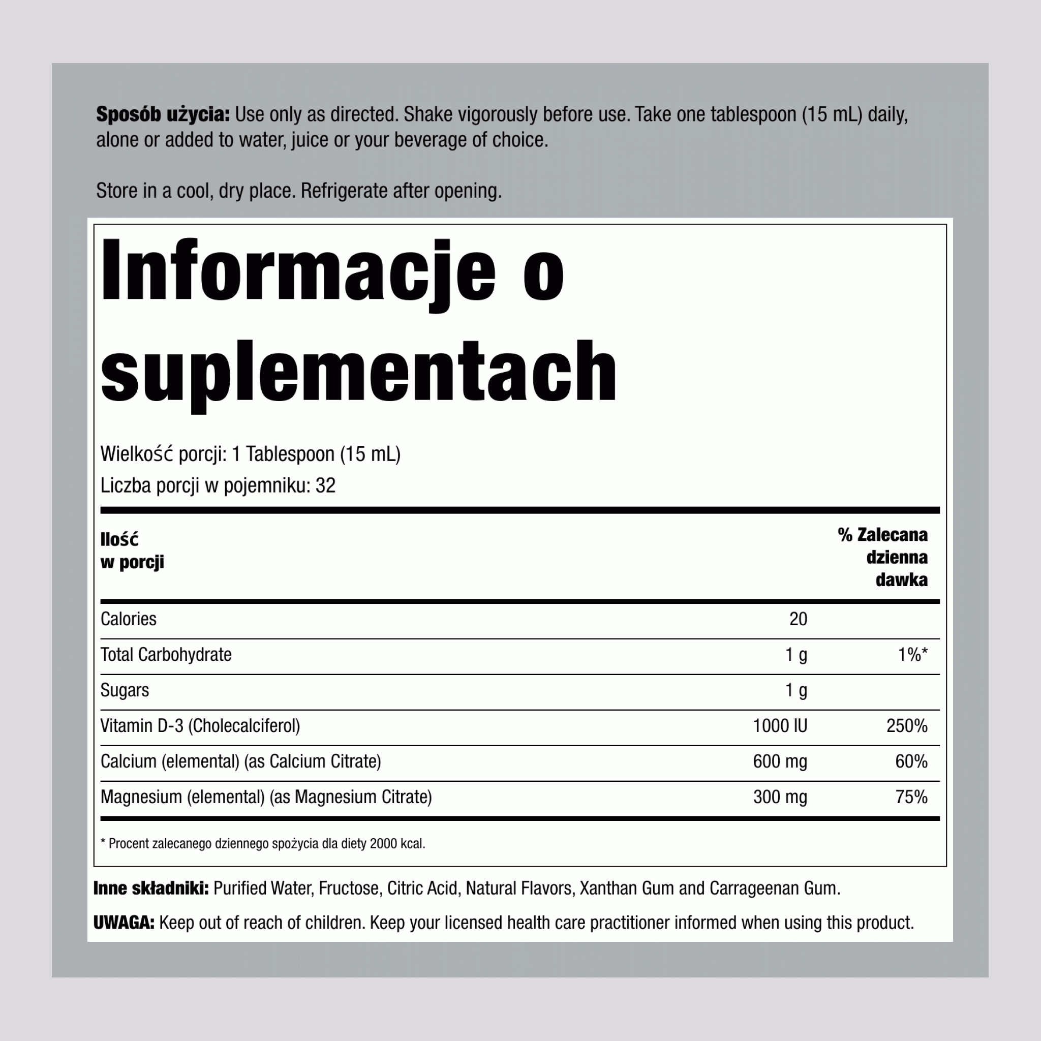 Cytrynian magnezu i wapnia z witaminą D3 w płynie (pomarańcza, wanilia) 16 Uncje sześcienne 473 ml Butelka    