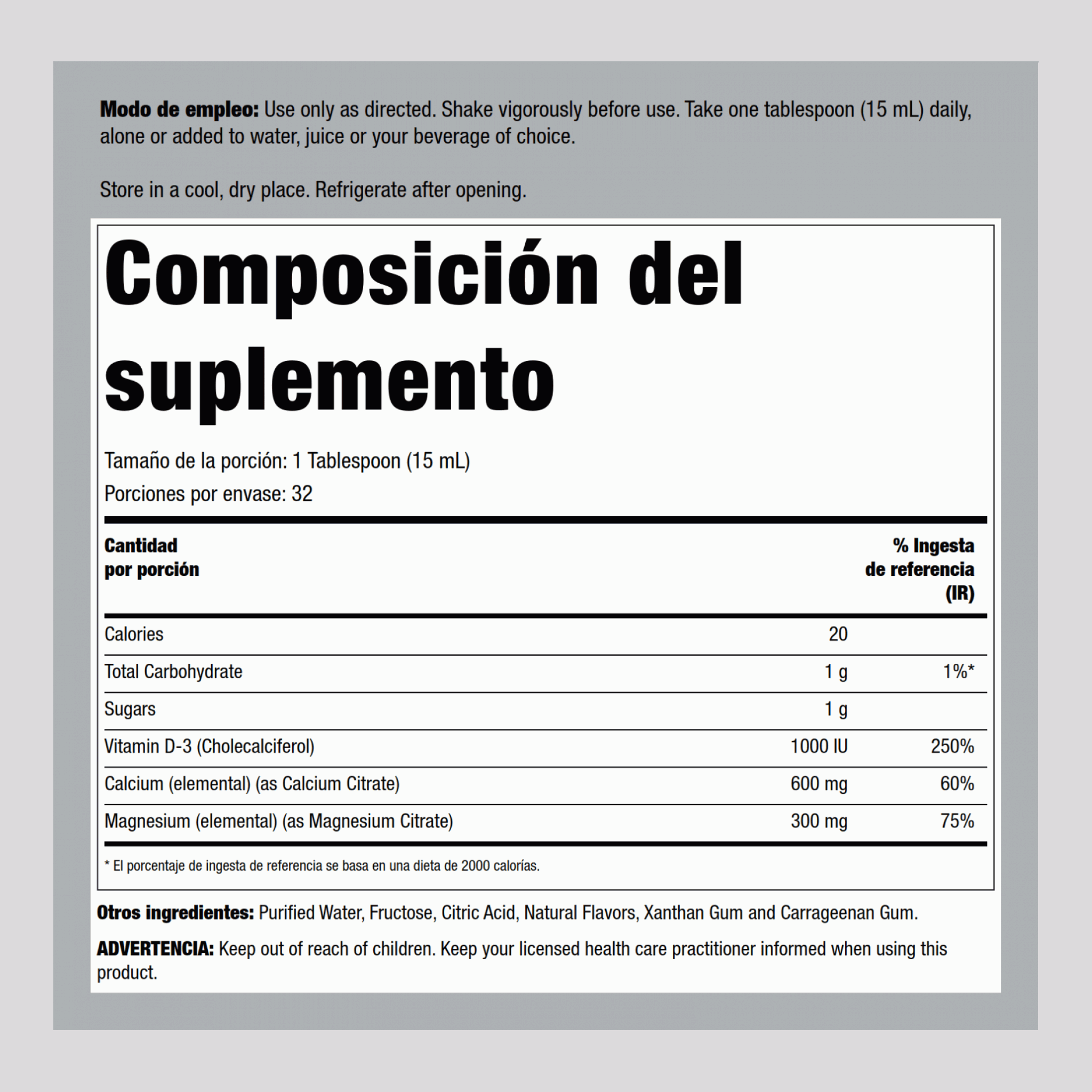 Líquido de citrato de calcio y magnesio con vitamina D3 (sabor a vainilla) 16 fl oz 473 mL Botella/Frasco    