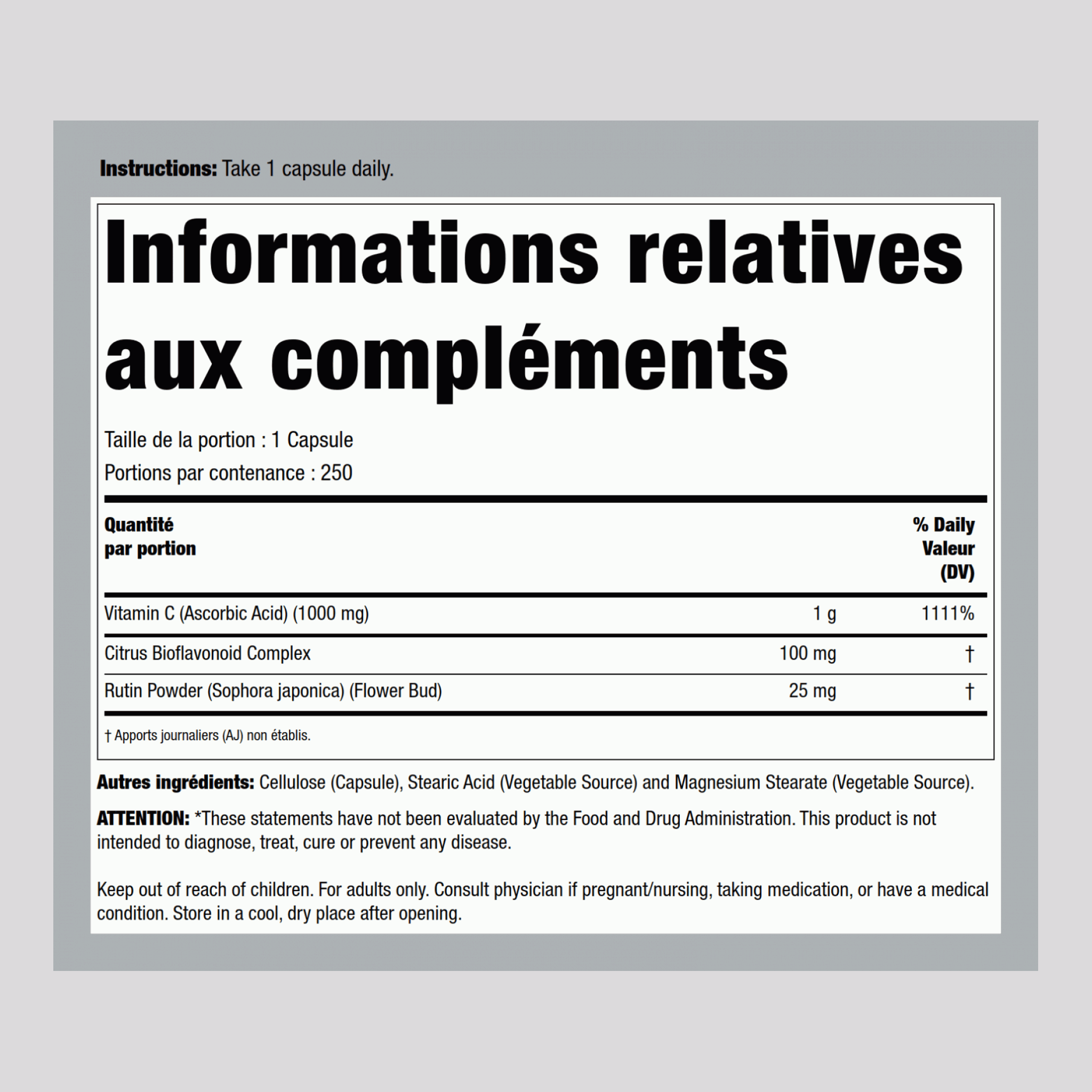 C-1000 avec bioflavonoïdes 1000 mg 250 Gélules végétales     