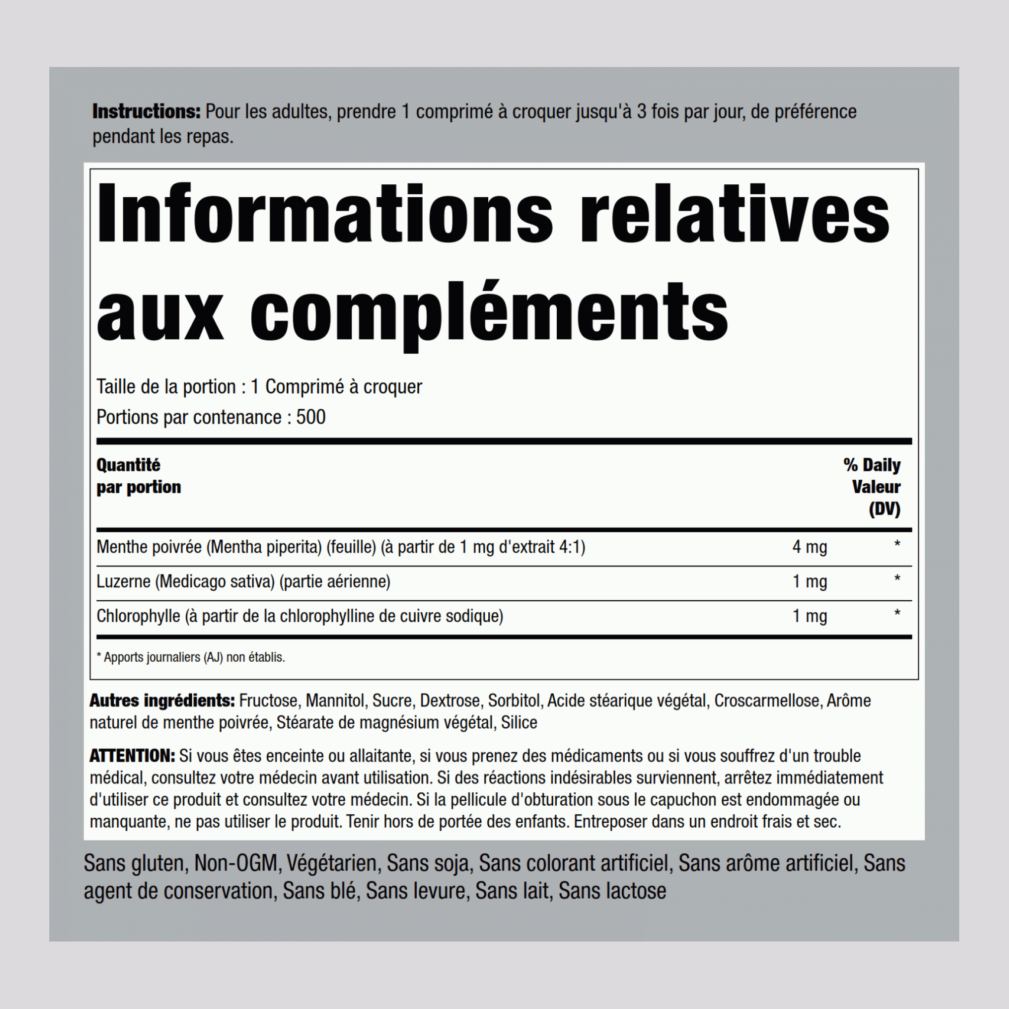 Chlorophylle et menthe à mâcher (Double Force) 500 Comprimés à croquer       