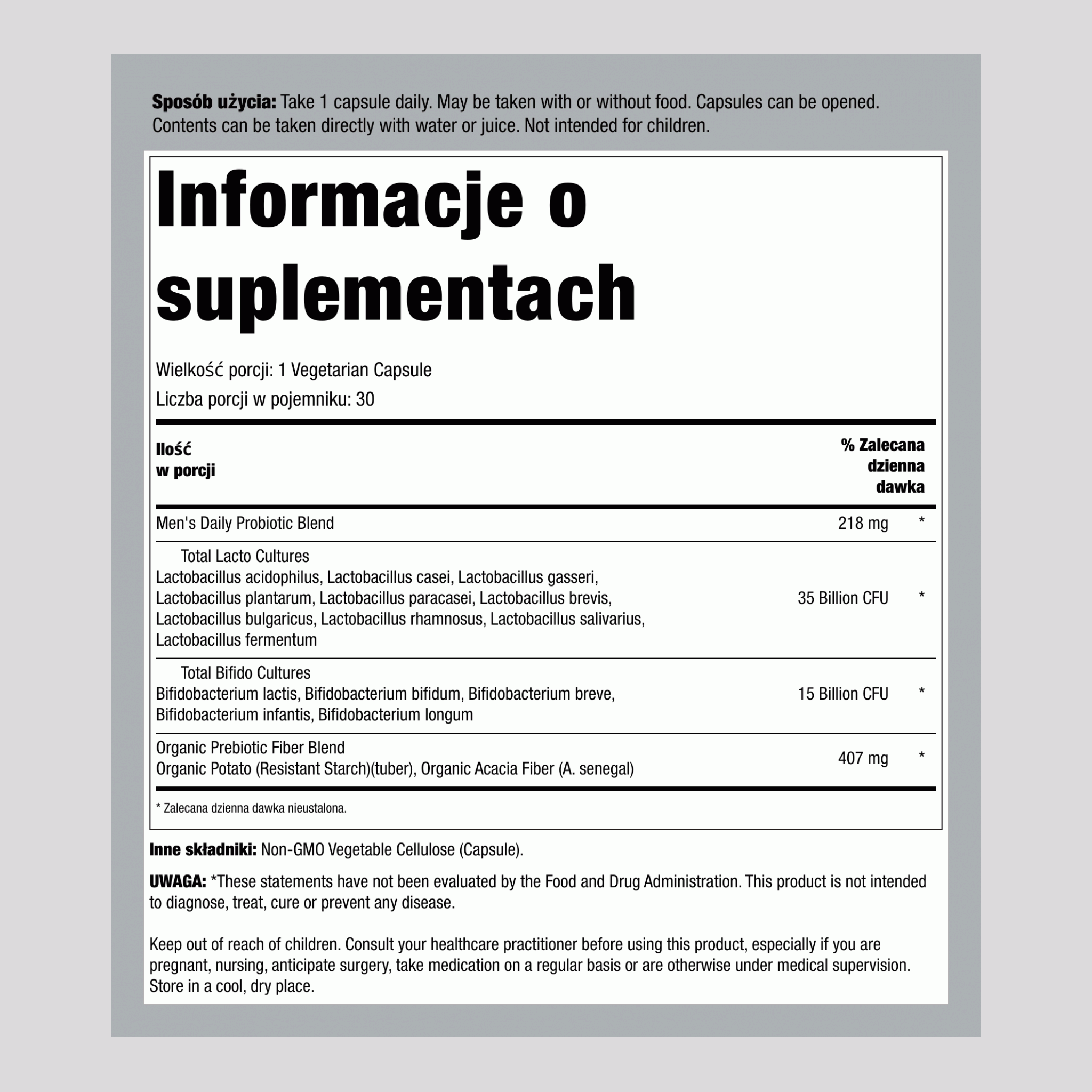 Probiotyki dla mężczyzn Dr. Formulated do przyjmowania raz dziennie,50 Miliardy CFU 30 Kapsułki wegetariańskie     