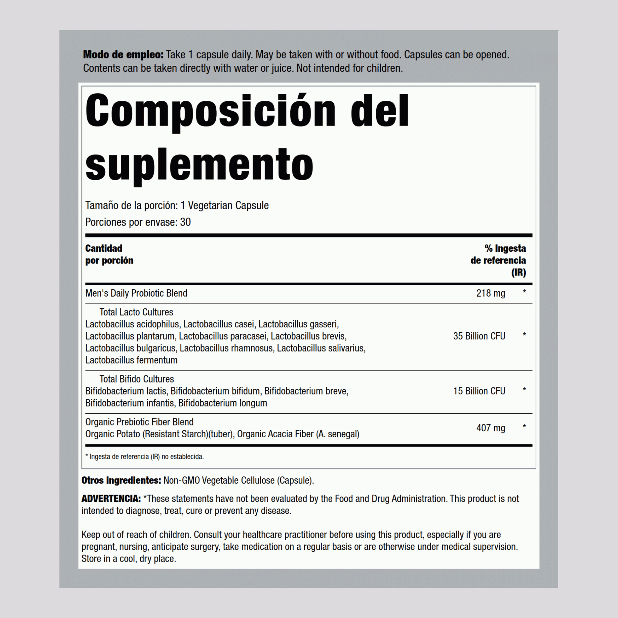 Probióticos para hombres Dr. Formulated,50 Mil millones CFU 30 Cápsulas vegetarianas     