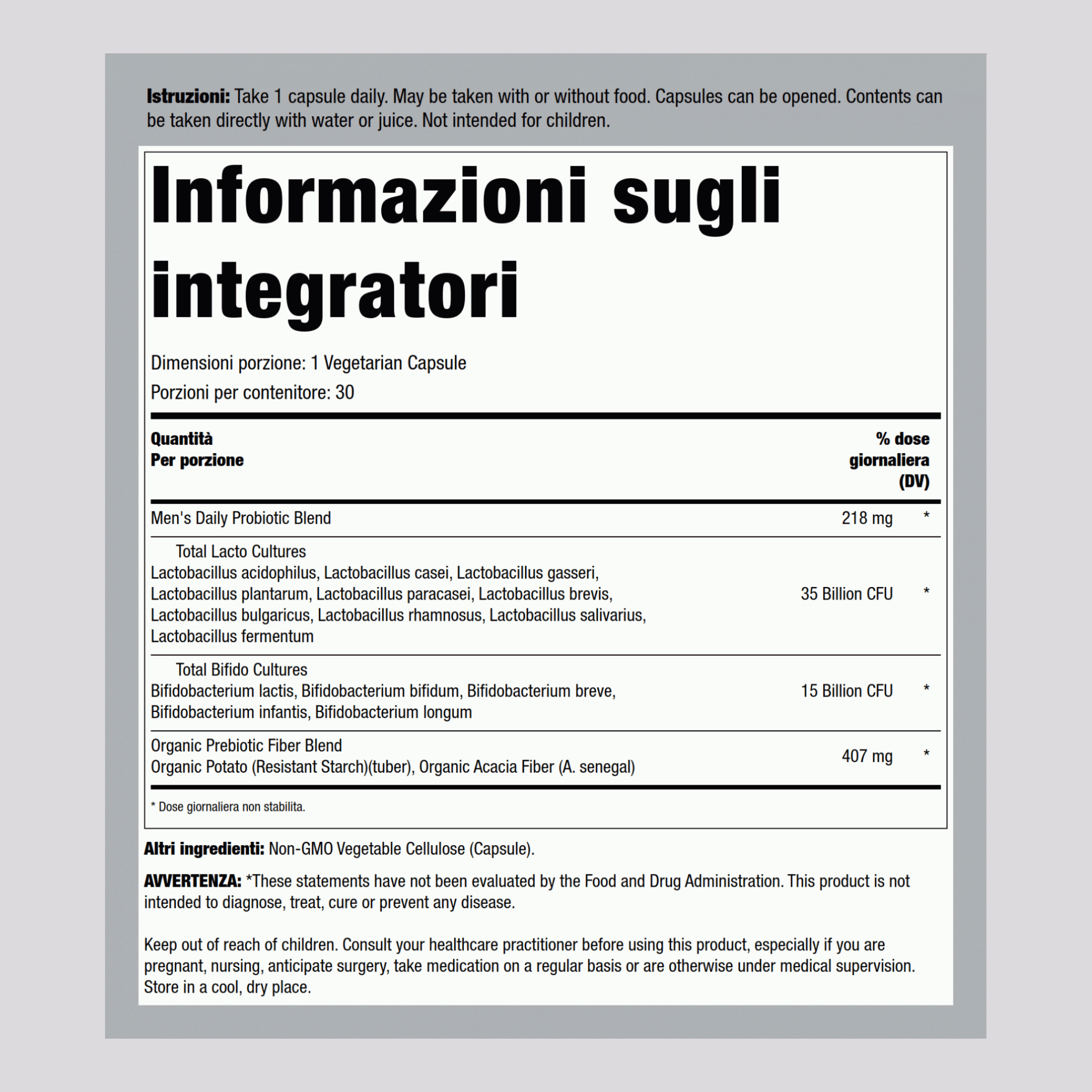 Probiotici una volta al giorno per uomini Dr. Formulated,50 Miliardo CFU 30 Capsule vegetariane     