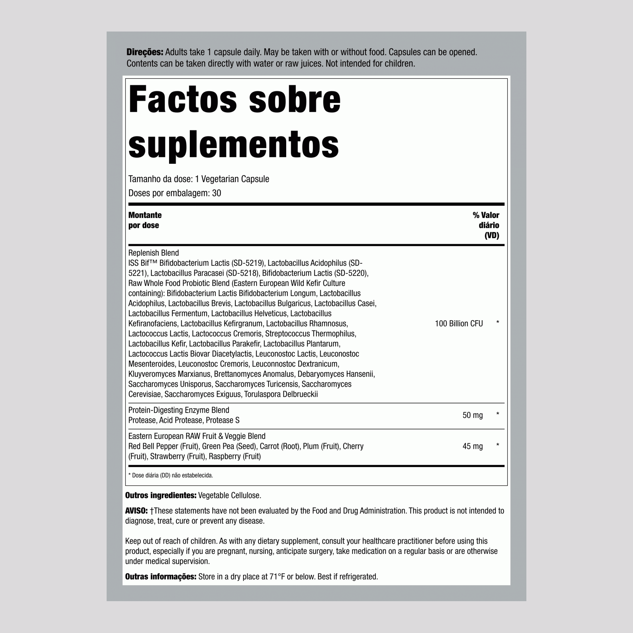 Probióticos Crus Ultimate Care,100 Mil milhões de CFU 30 Cápsulas vegetarianas     