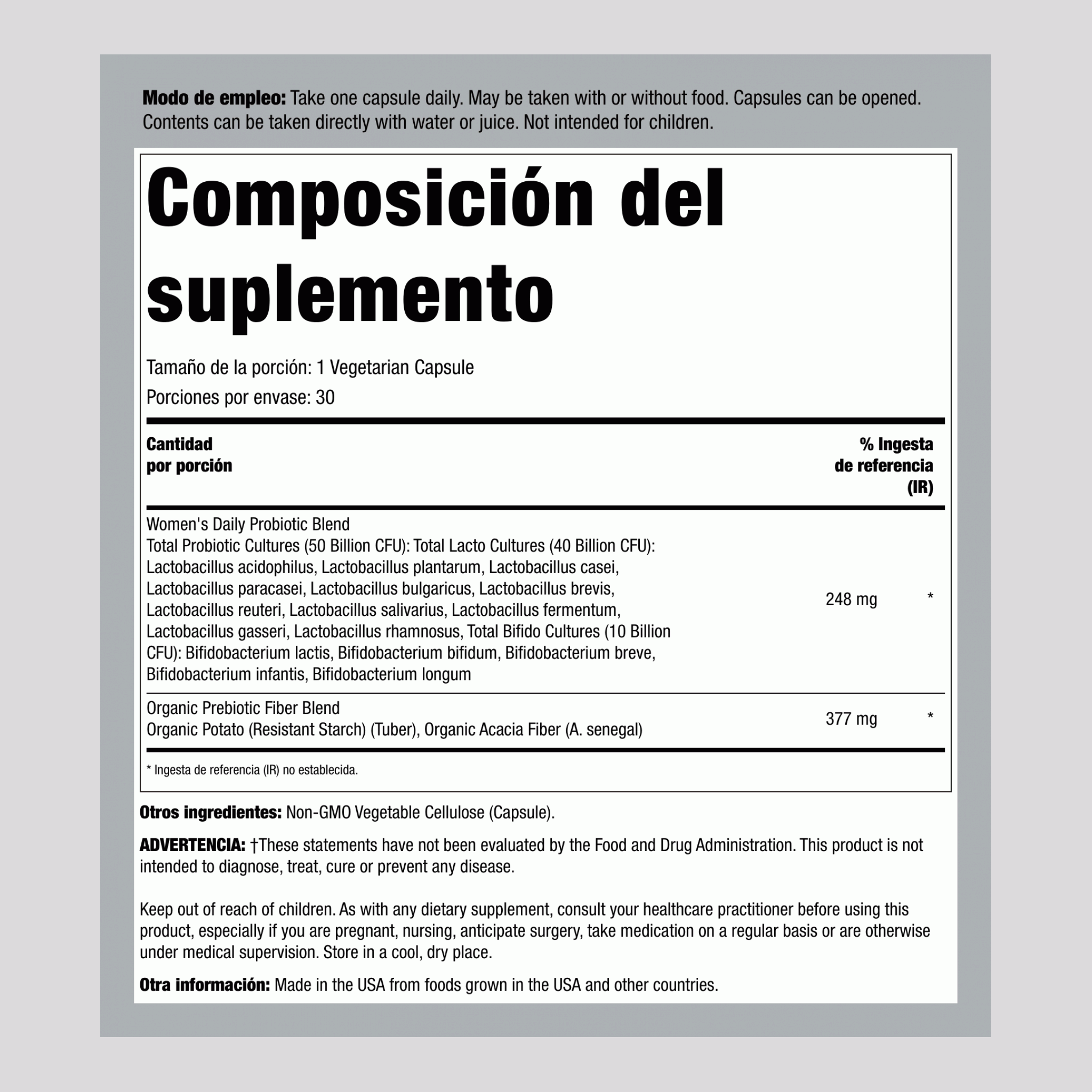 Probióticos para mujeres Dr. Formulated,50 Mil millones CFU 30 Cápsulas vegetarianas     