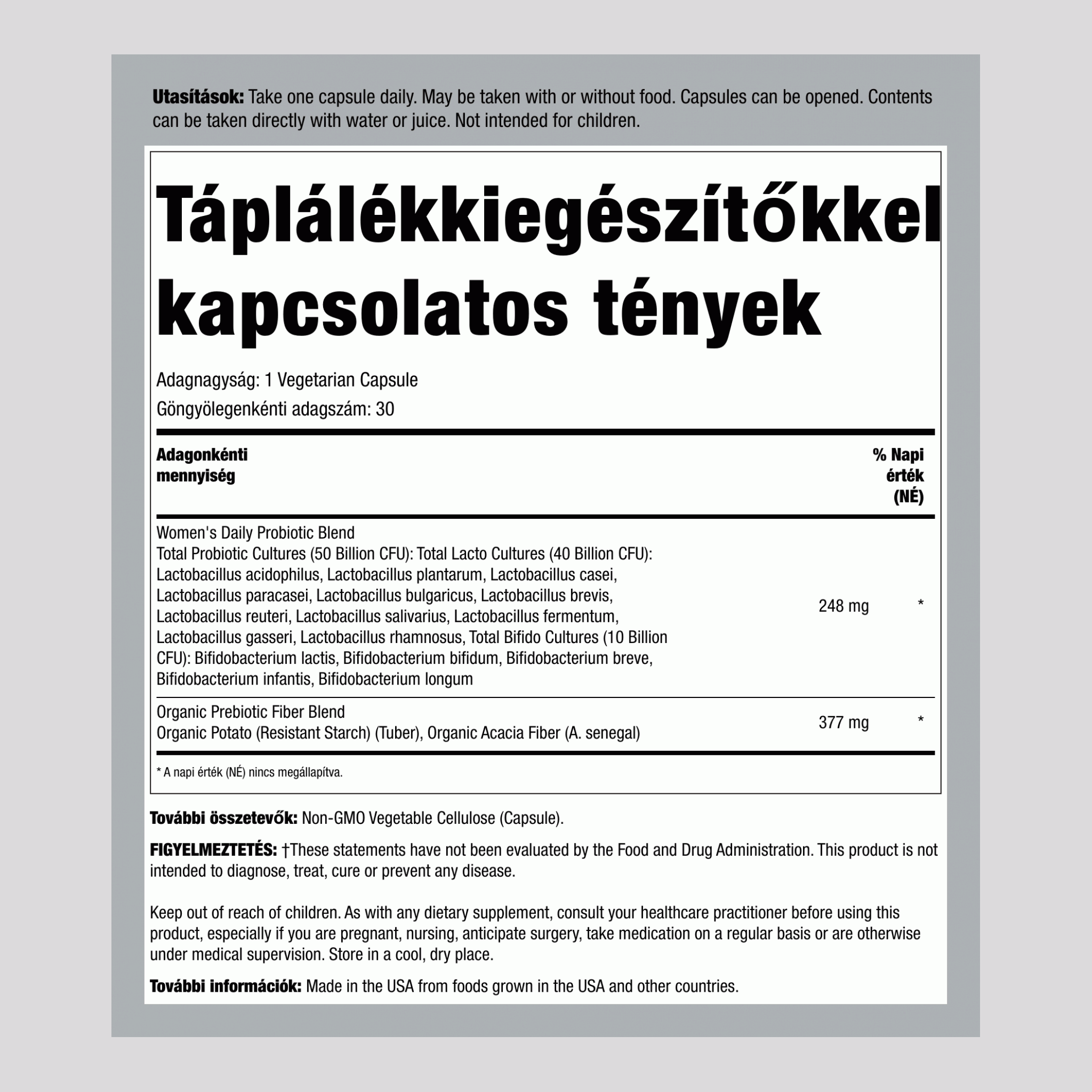 Dr. Formulated probiotikum napi egyszer, nőknek,50 milliárd CFU 30 Vegetáriánus kapszula     