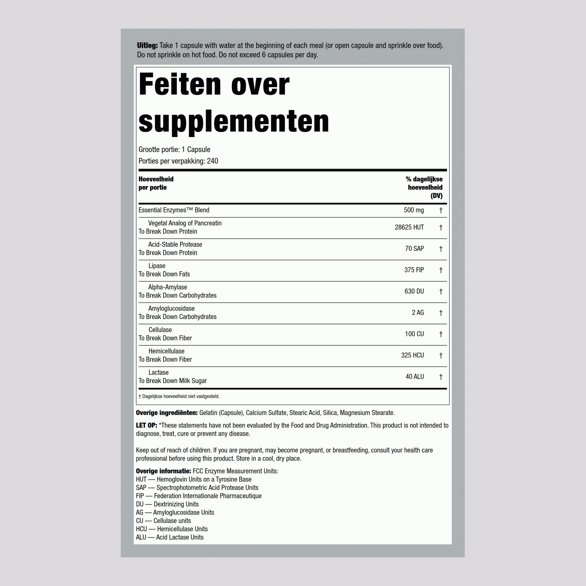 Hulp bij spijsvertering met essentiële enzymen 500 mg 240 Capsules     