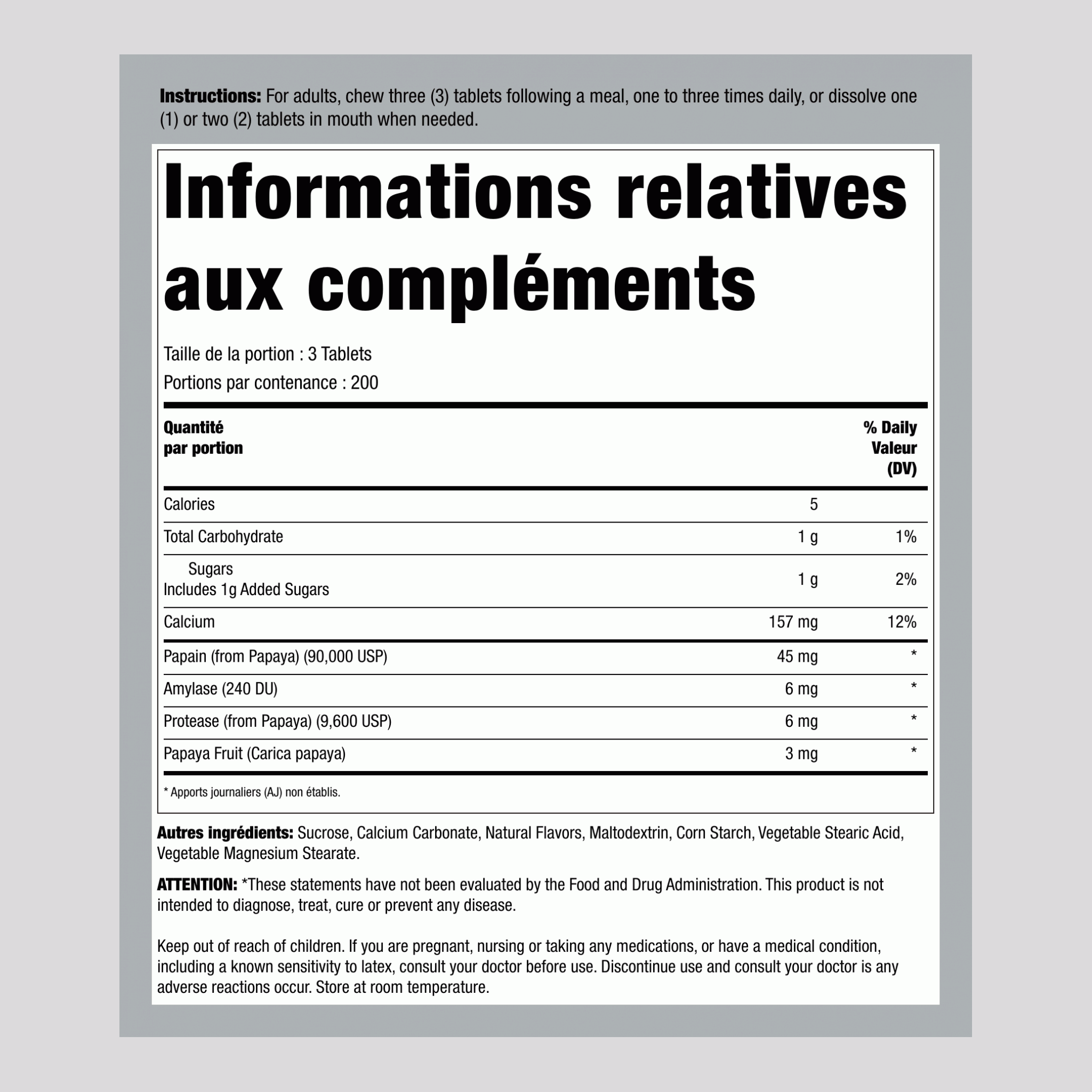 Comprimé à croquer aux enzymes naturels de papaye 600 Comprimés à croquer       
