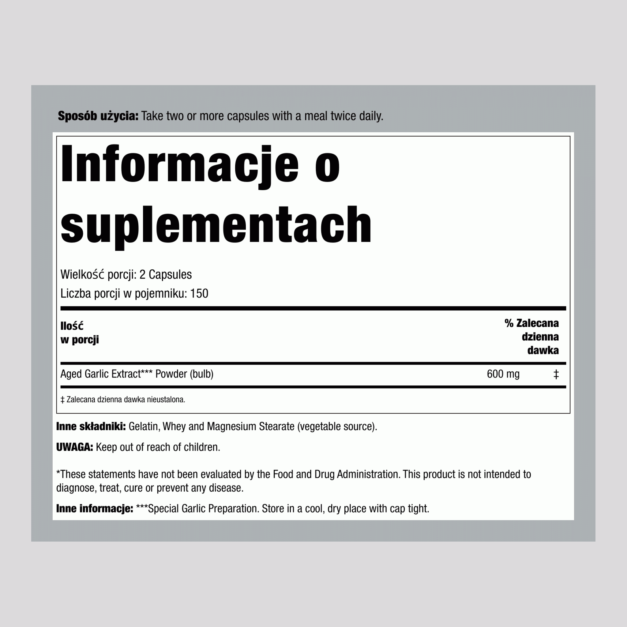 Czosnek postarzany Kyolic (formuła wspomagająca pracę układu sercowo-naczyniowego 100) 300 Kapsułki       