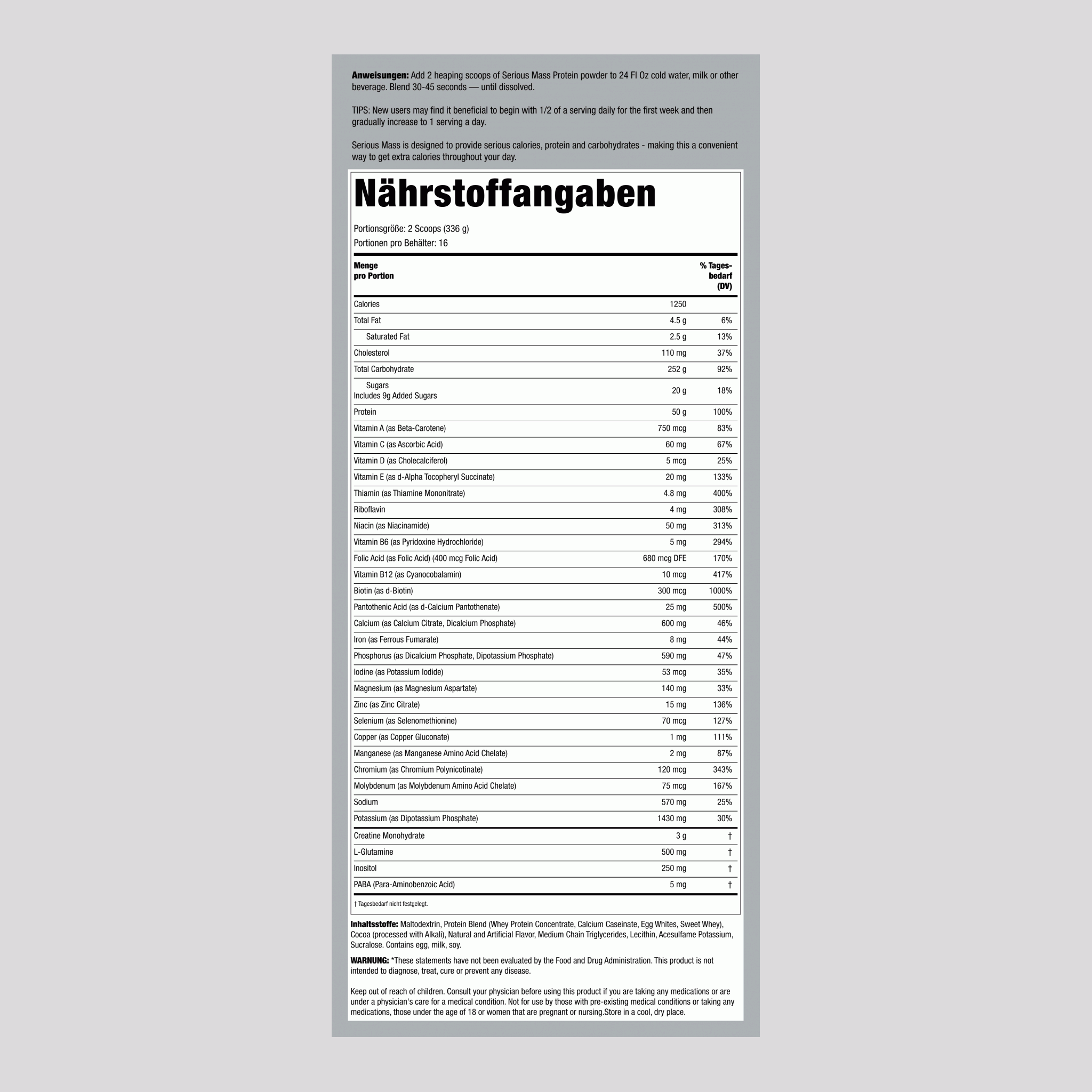 Pulver für die Gewichtszunahme Serious Mass Weight Gain (Schokolade) 12 lb Beutel      