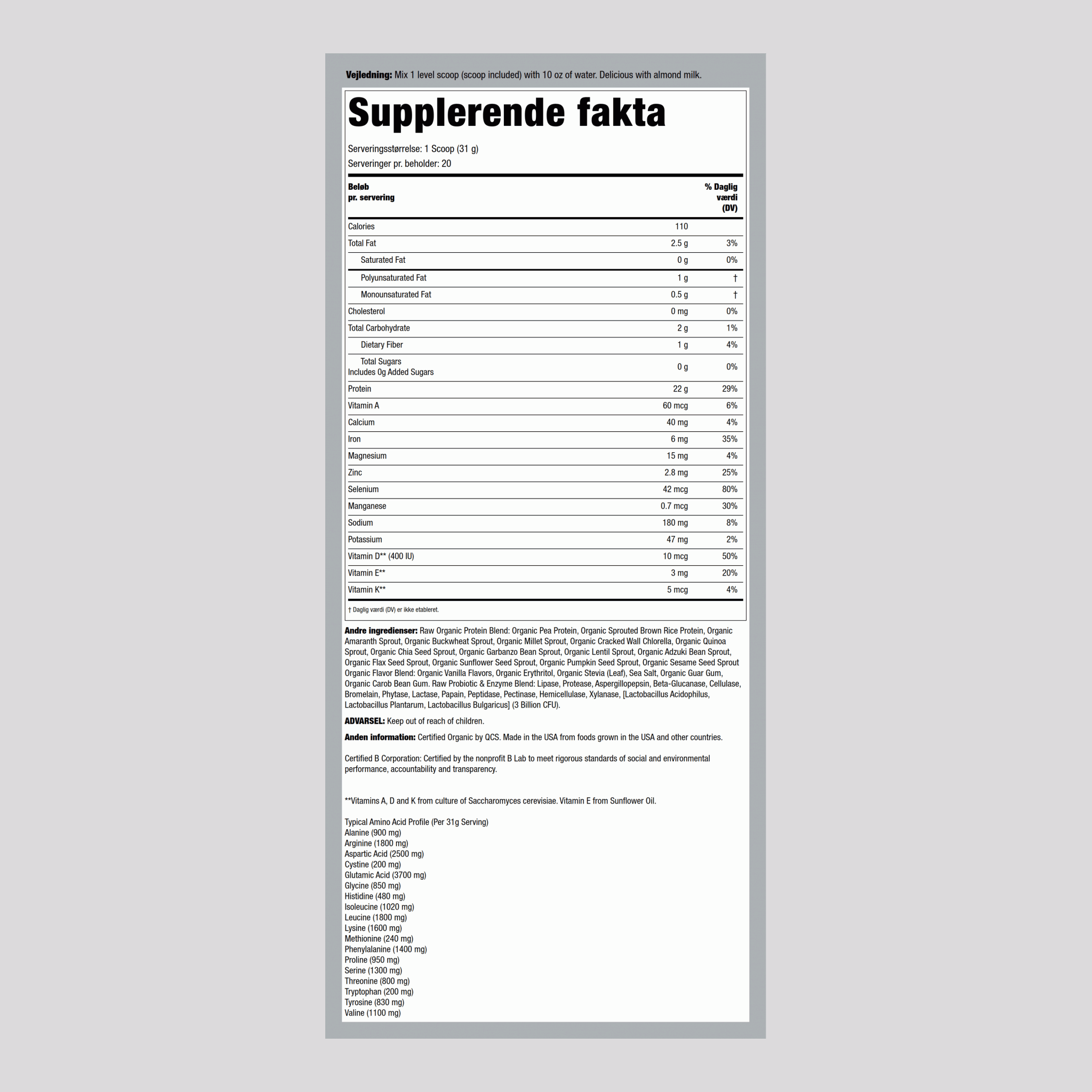 Rå økologisk planteproteinpulver (vanilje) 21.86 oz 620 g Flaske    