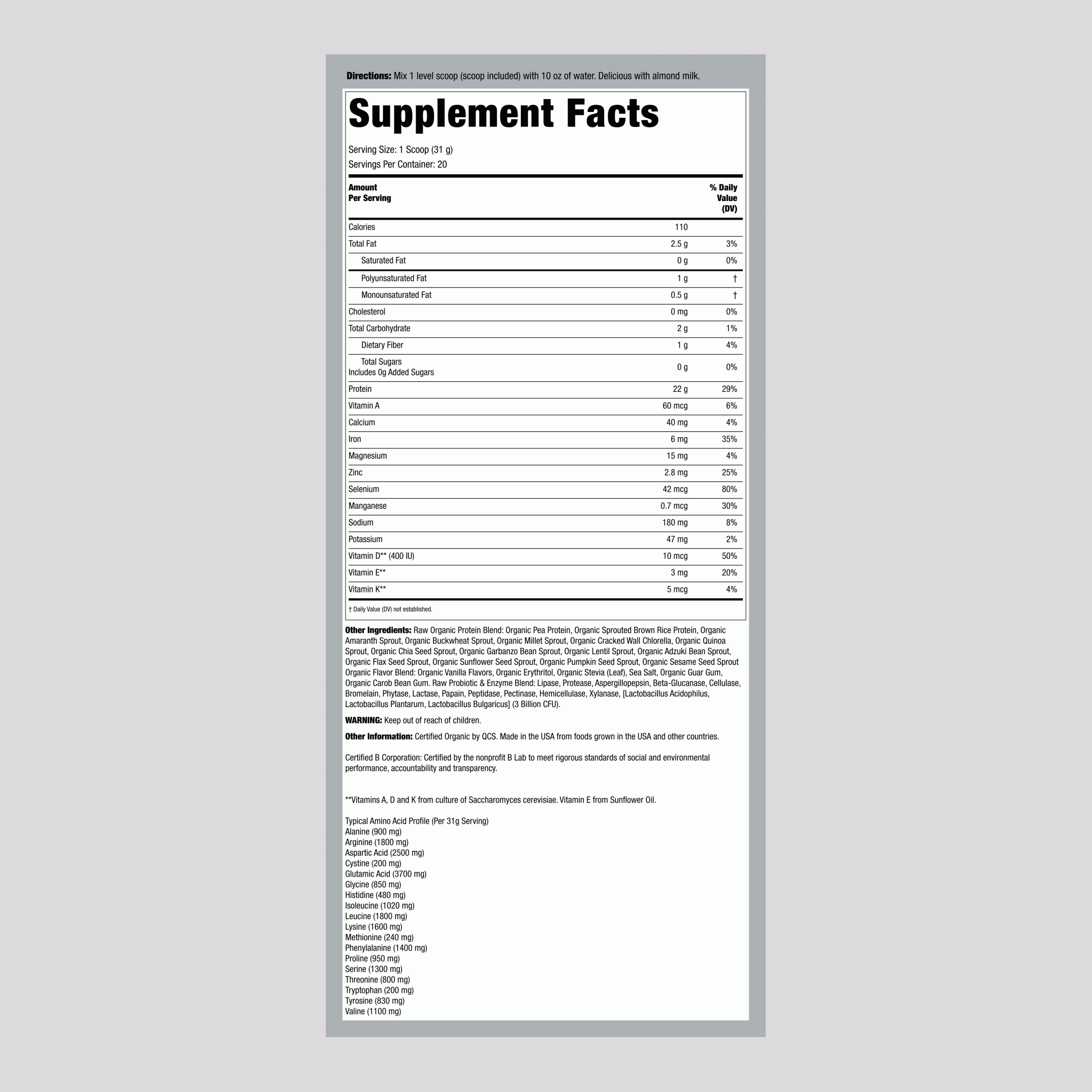 Raw Organic Plant Protein Powder (Vanilla), 21.86 oz (620 g) Bottle