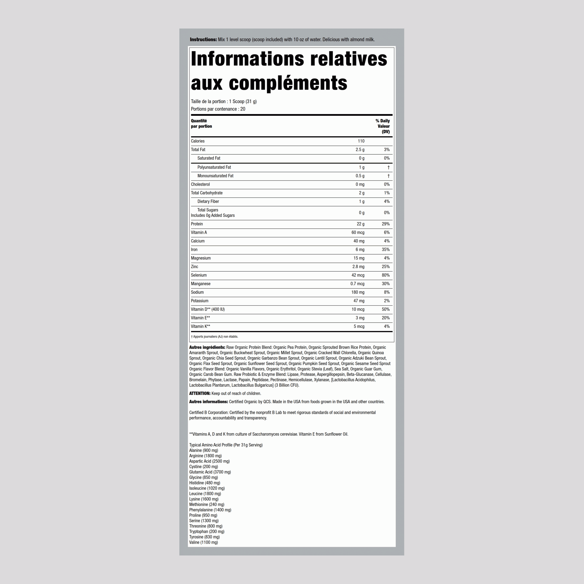 Raw Organic Poudre de protéines végétales (arôme vanille) 21.86 once 620 g Bouteille    