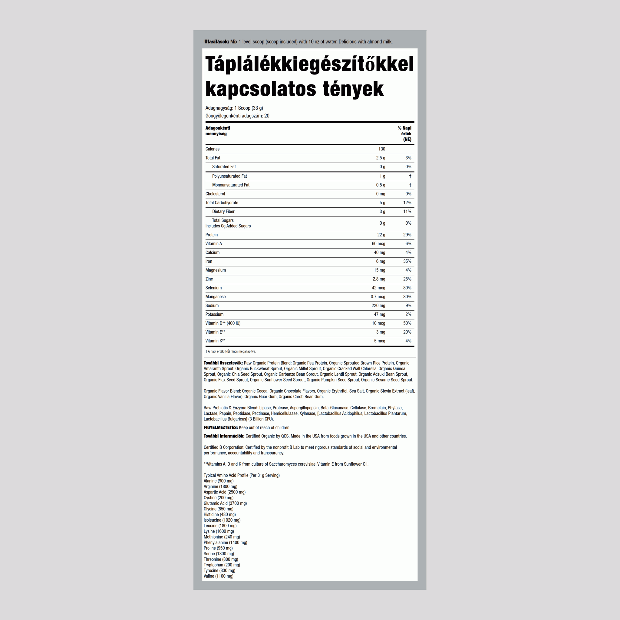 Nyers, organikus növényifehérje-por (csokoládé) 23.28 oz 660 g Palack    