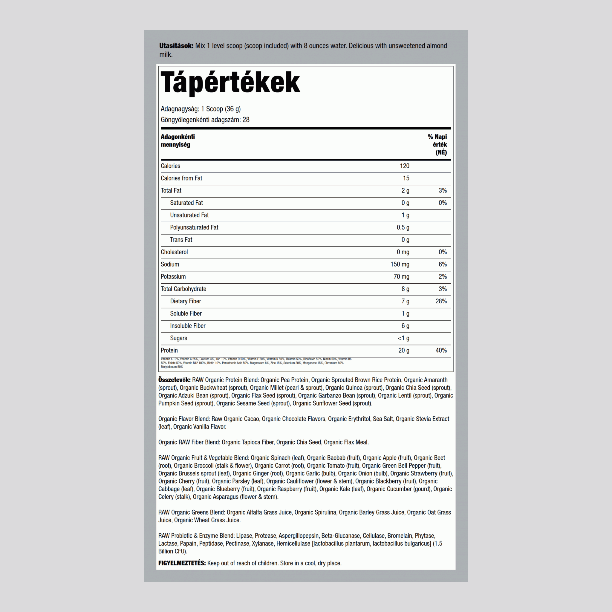 Nyers, organikus ételpor (csokoládé) 35.9 oz 1017 g Palack    