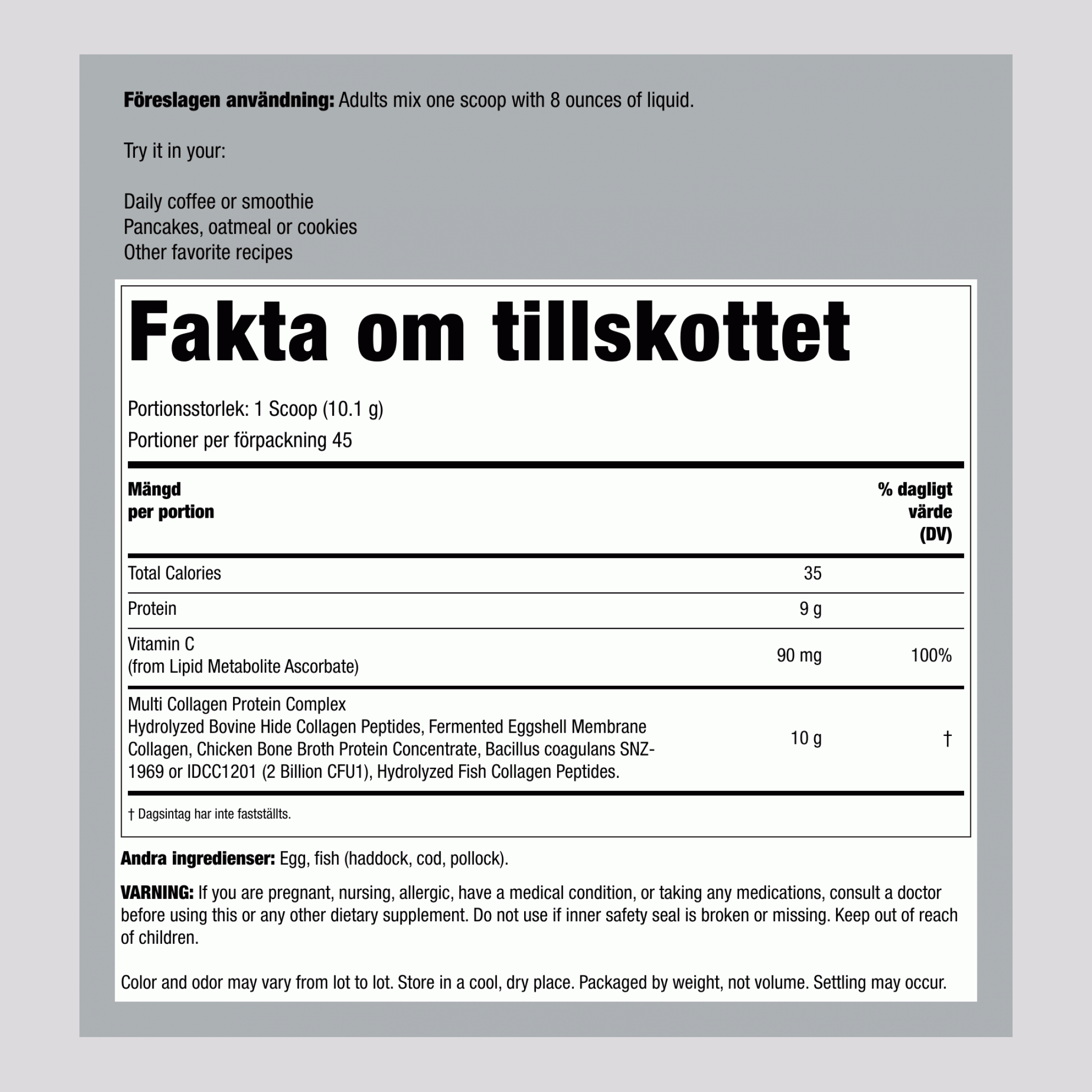 Multi-kollagenproteinpulver (av typerna I, II, III, V, X),1.01 kg 459 g Flaska    