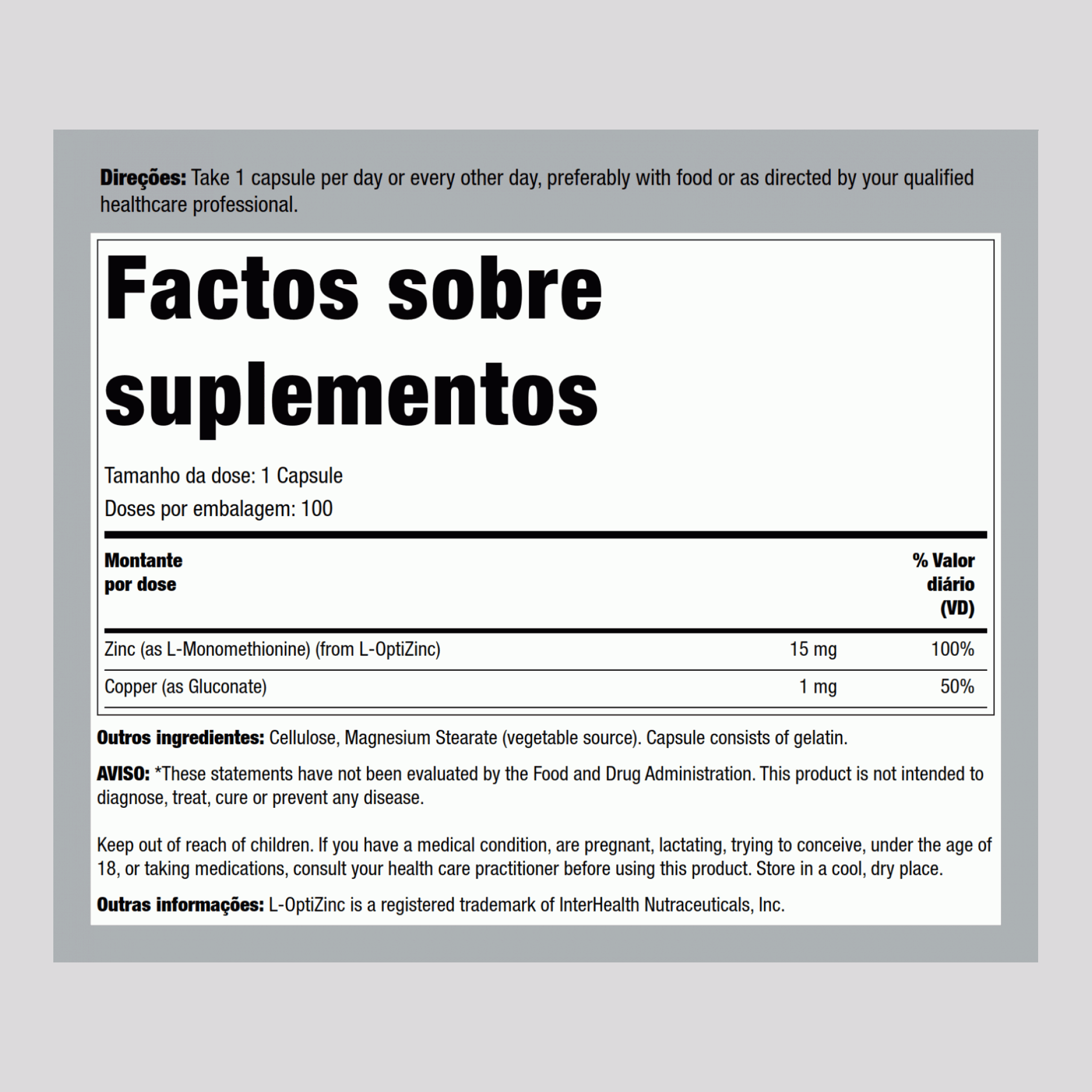 Equilíbro de Zinco (L-OptiZinc) 15 mg 100 Cápsulas     