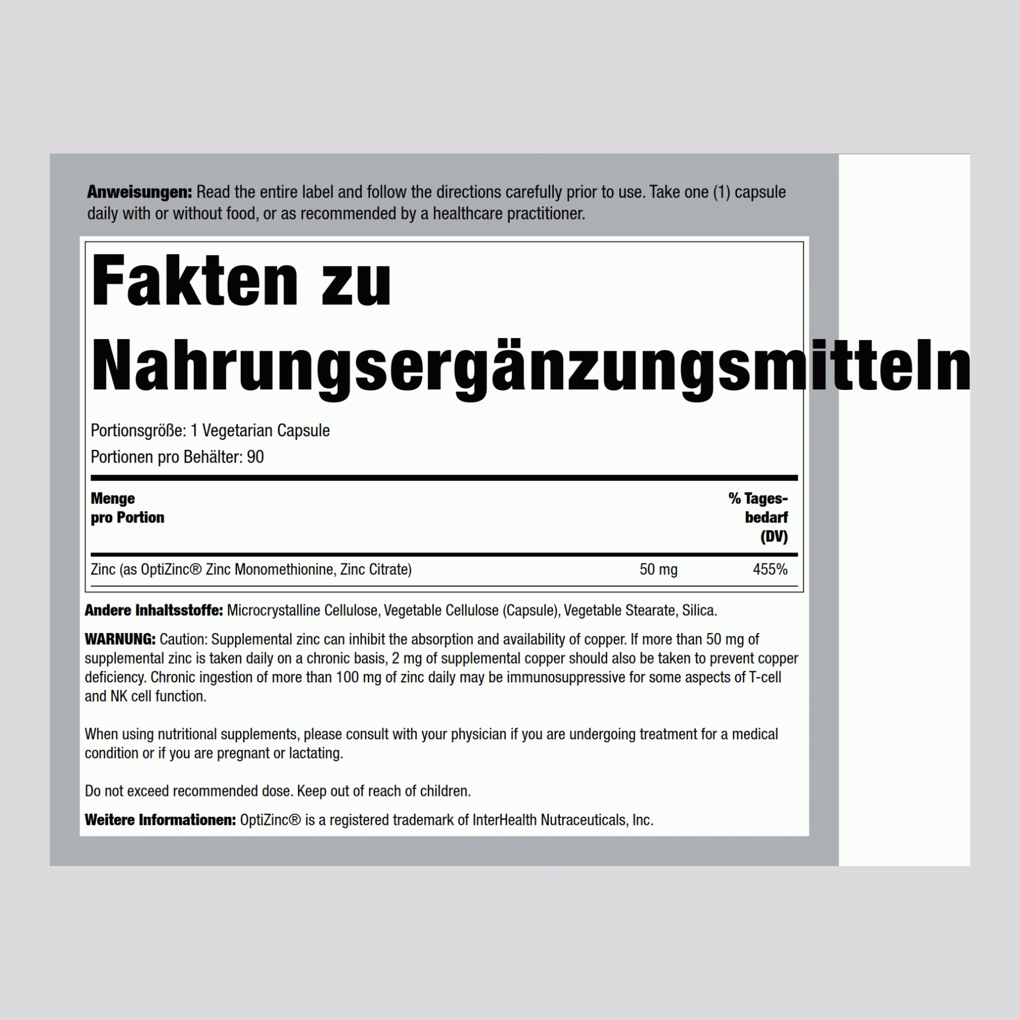 Zinkkapseln (OptiZinc) 50 mg 90 Vegetarische Kapseln     