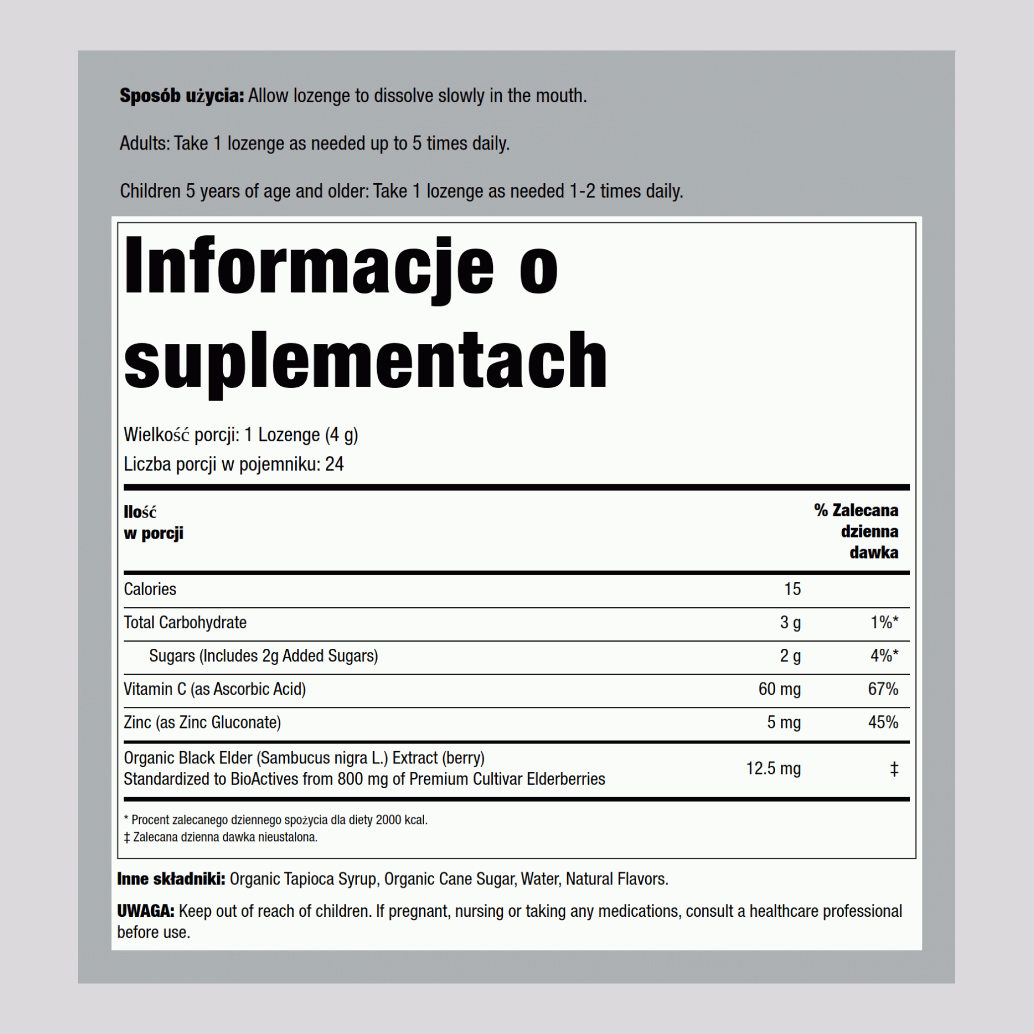 Pastylki z czarnego bzu z cynkiem (ekologiczne) 24 Tabletki       