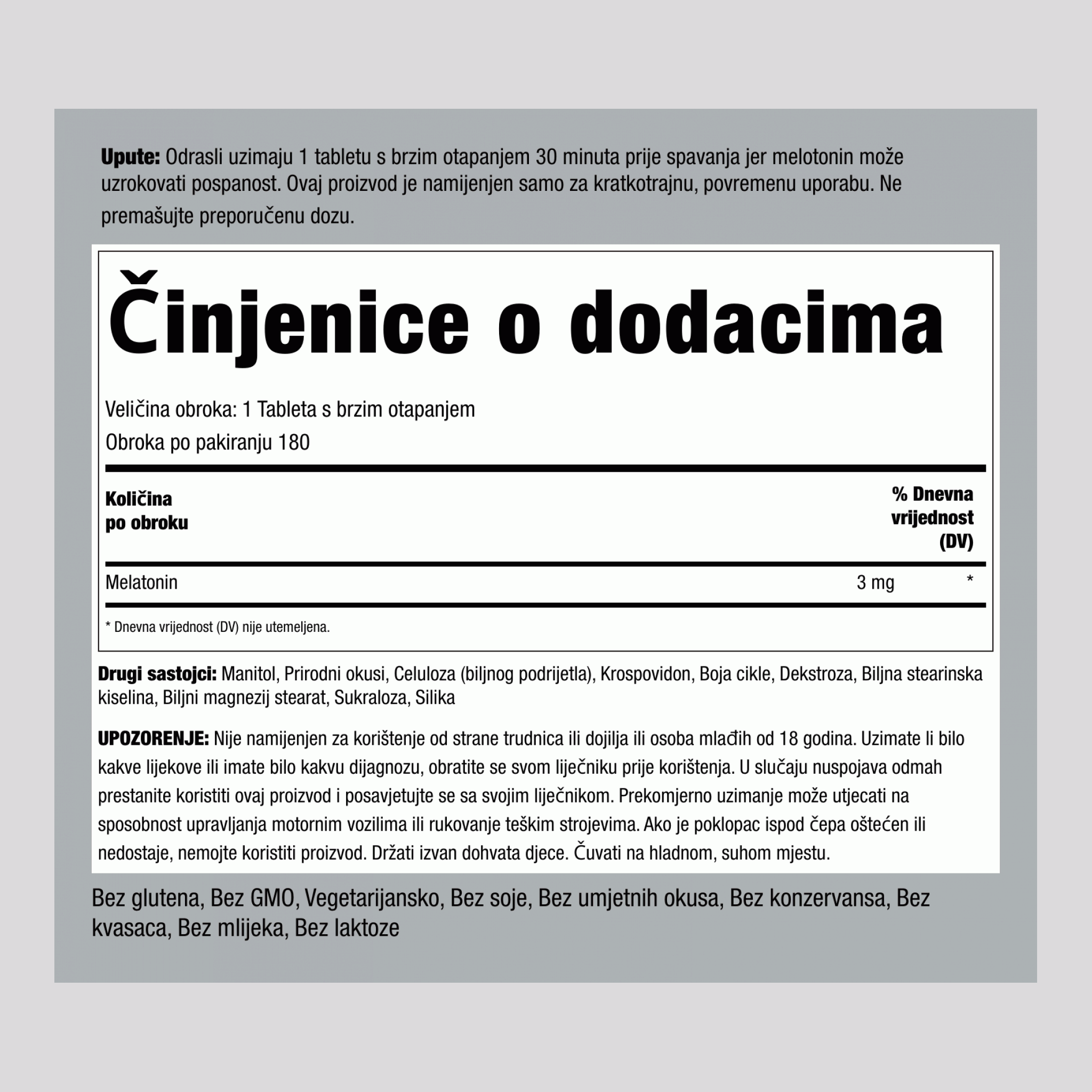 Melatonin  3 mg 180 Brzorastvarajuće tablete 2 Boce   