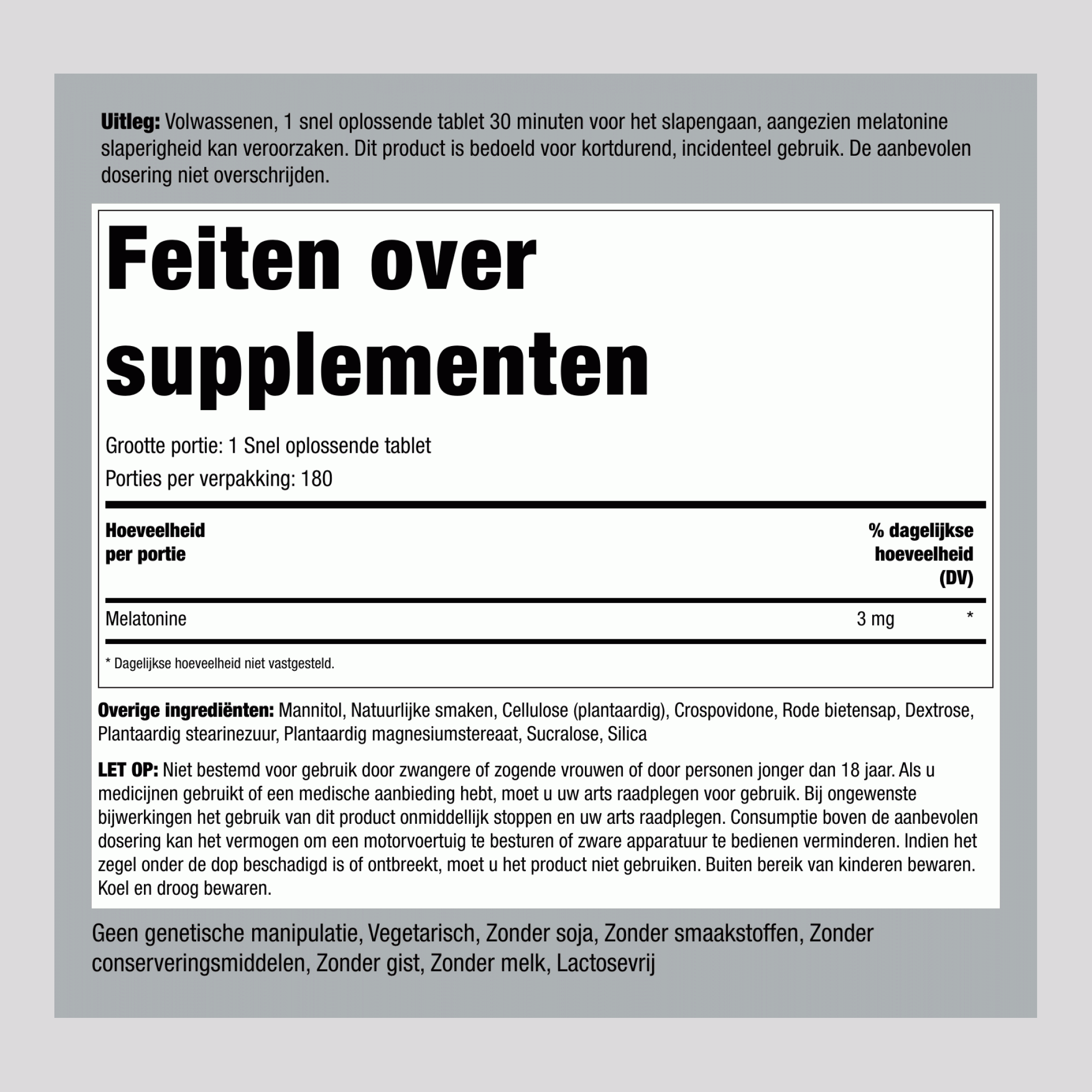 Melatonine  3 mg 180 Snel oplossende tabletten 2 Flessen   