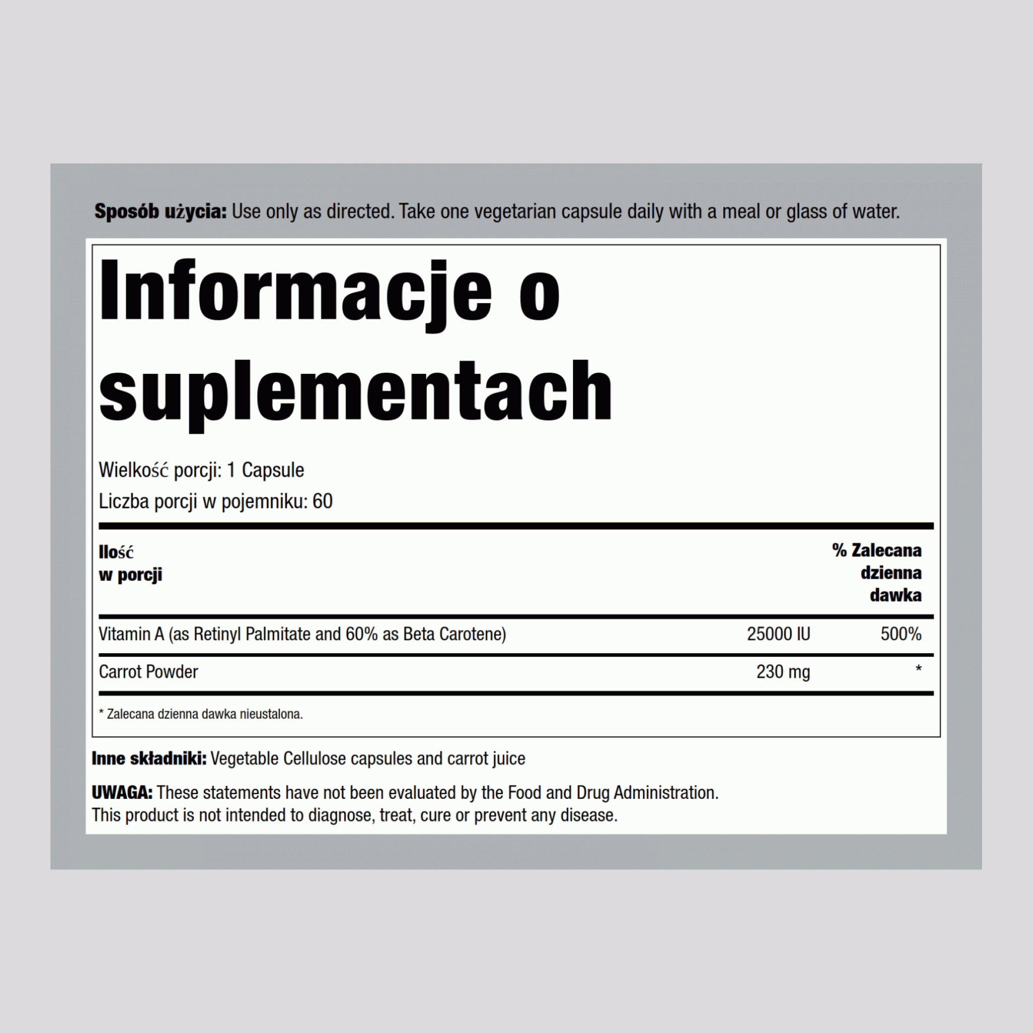 Sucha witamina A 25,000 IU 60 Kapsułki wegetariańskie     