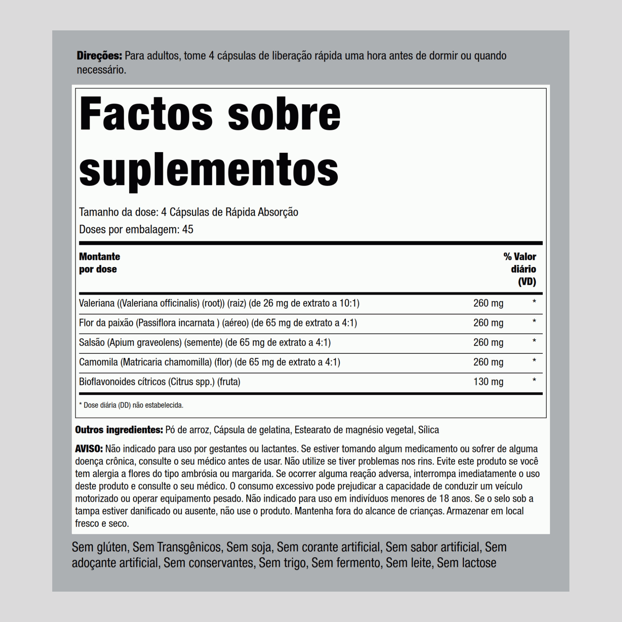 Cápsulas calmantes 180 Cápsulas de Rápida Absorção       