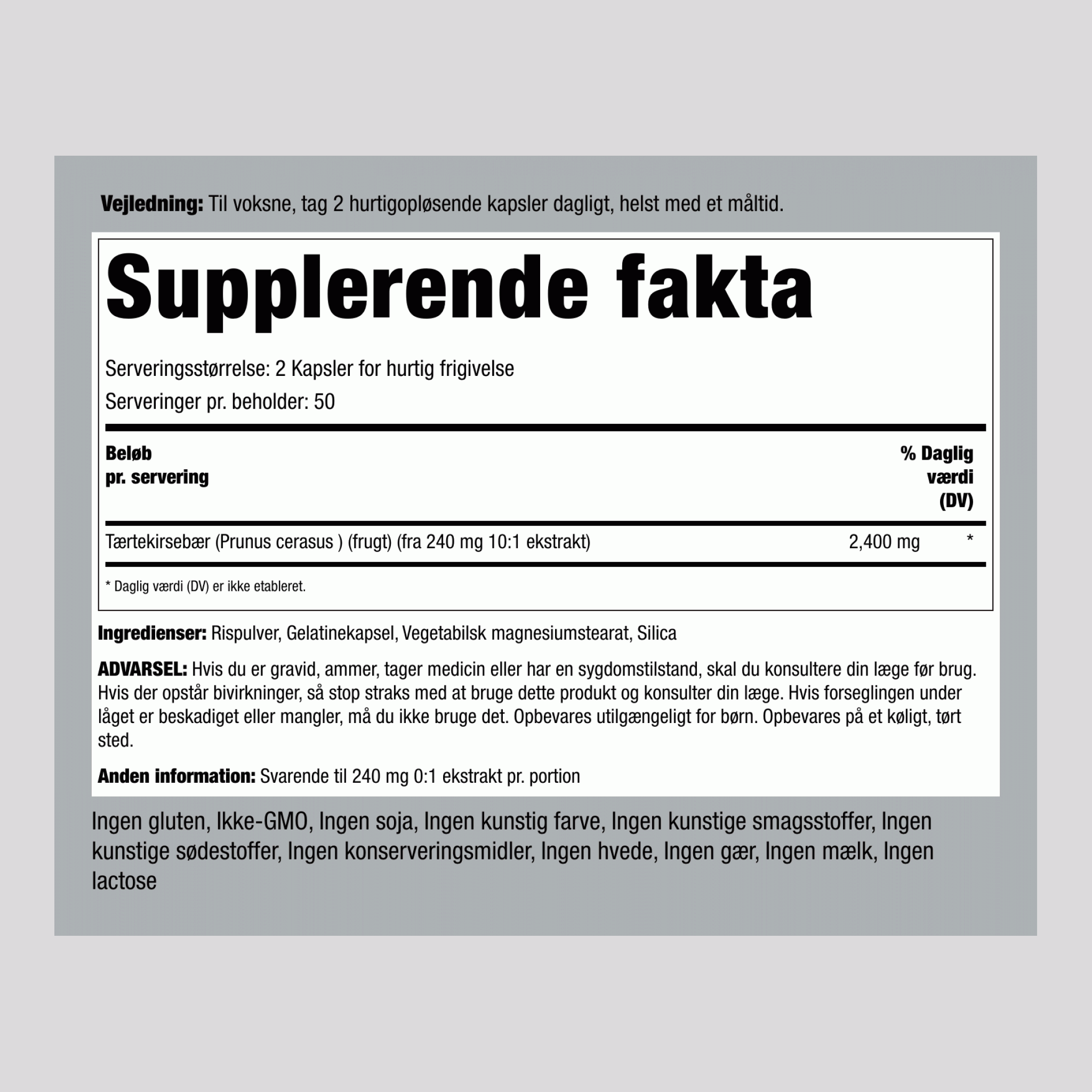 Ultra Sur-kirsebær  2400 mg (pr. dosering) 100 Kapsler for hurtig frigivelse     