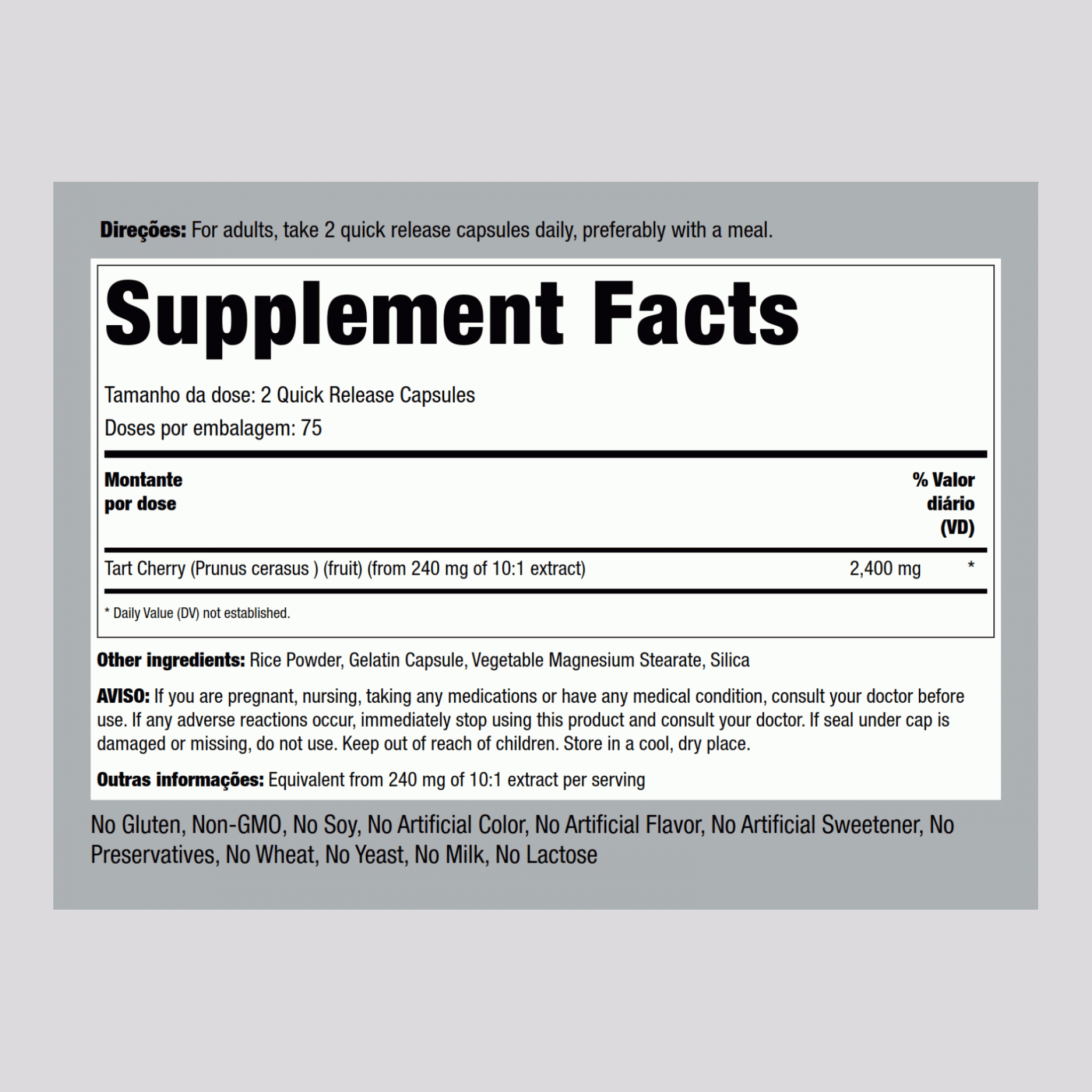 Torta de cereja 2.400 mg (por porção)  2400 mg (por dose) 150 Cápsulas de Rápida Absorção  