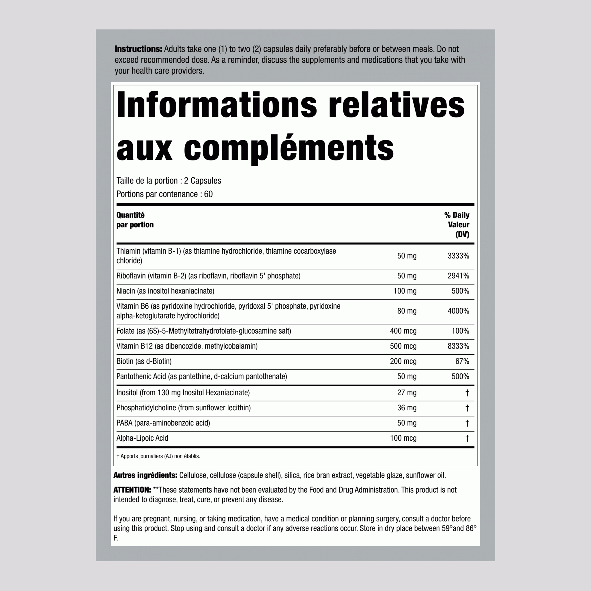 Complexe de vitamines B avec coenzymes en gélules 120 Gélules végétales       