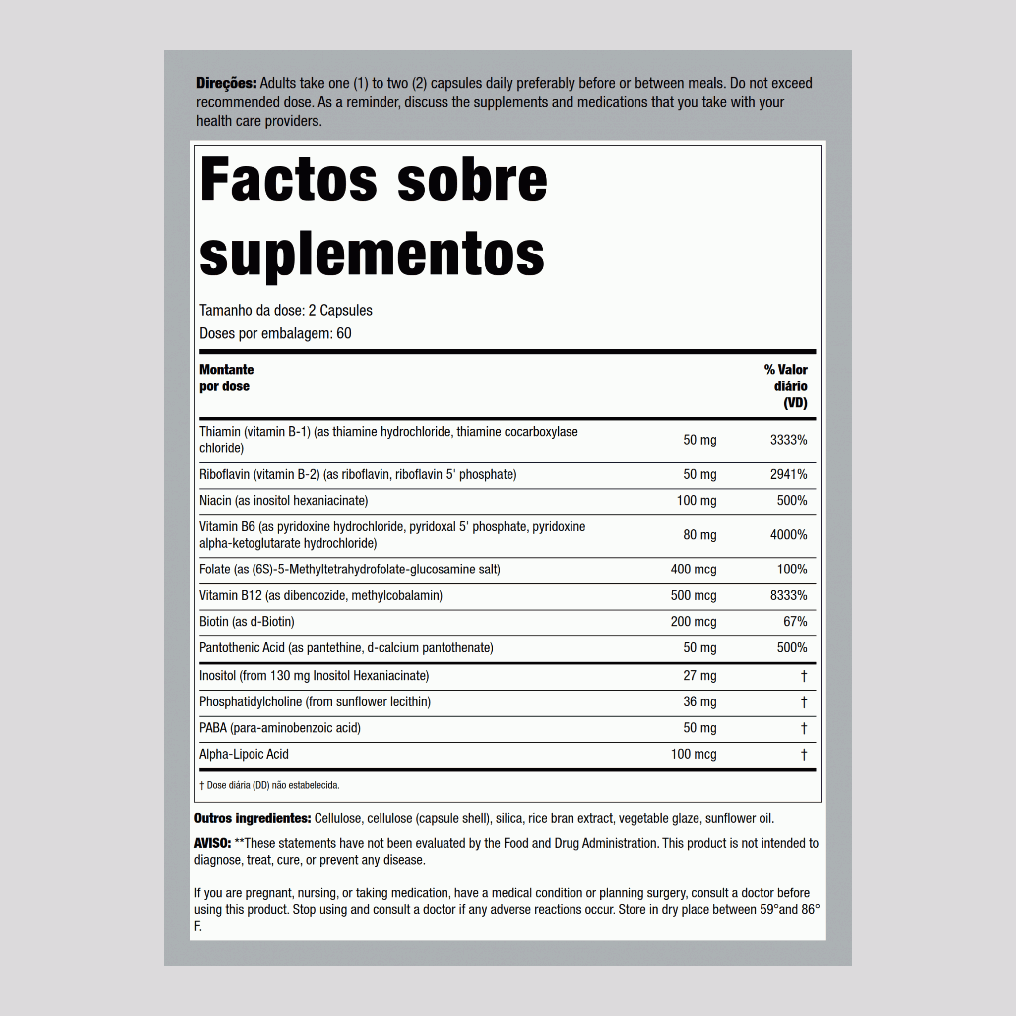 Comprimidos de Complexo B Coenzima 120 Cápsulas vegetarianas       