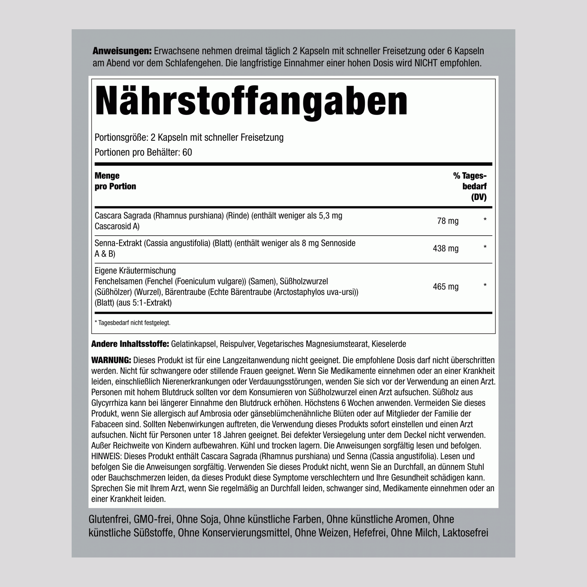 Pflanzliches Abführmittel 120 Kapseln mit schneller Freisetzung 2 Flaschen      
