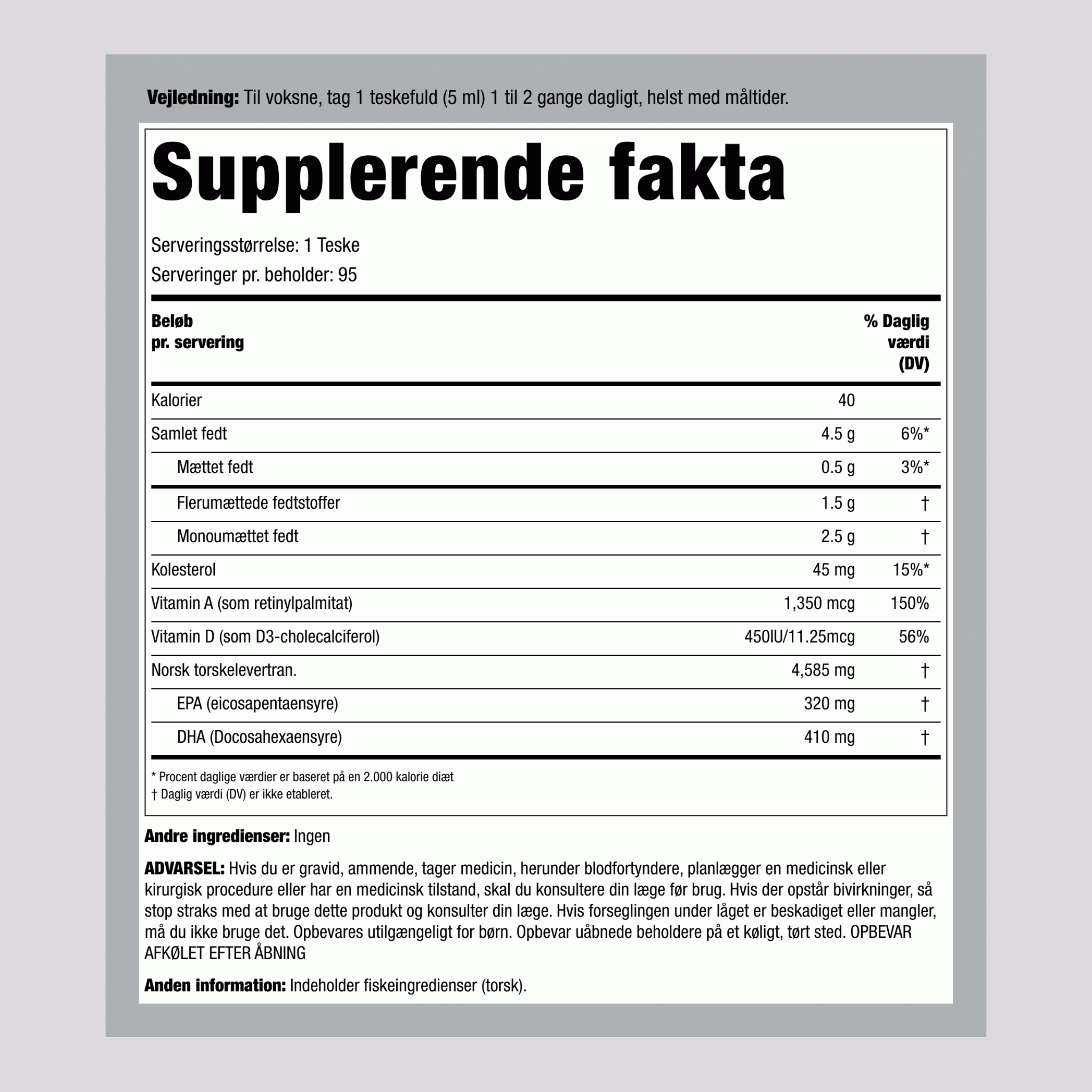 Engelvaer Norwegian Torskelevertran (almindelig) 16 fl oz 473 ml Flaske    