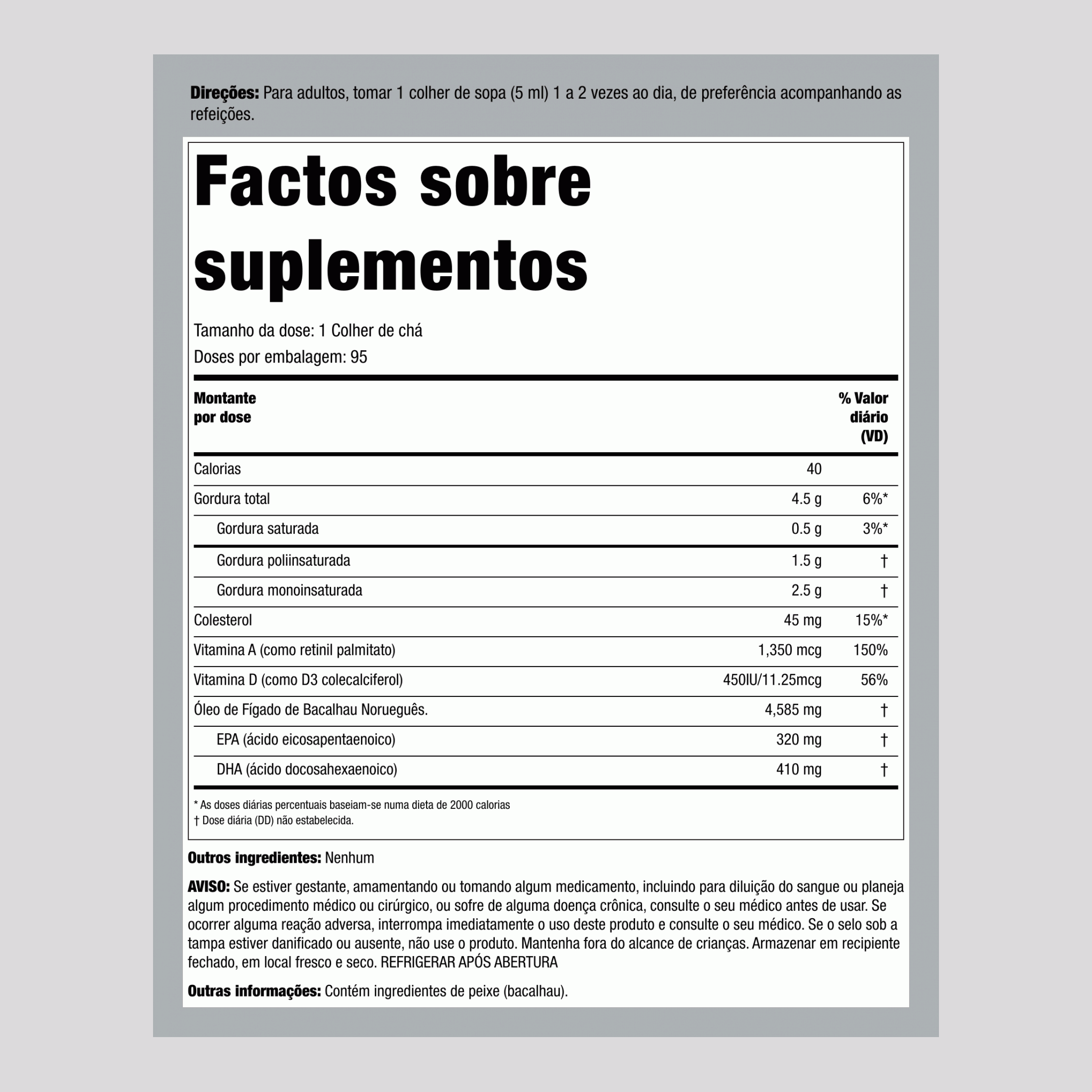 Óleo de fígado de bacalhau da Noruega Engelvaer (natural) 16 fl oz 473 ml Frasco    