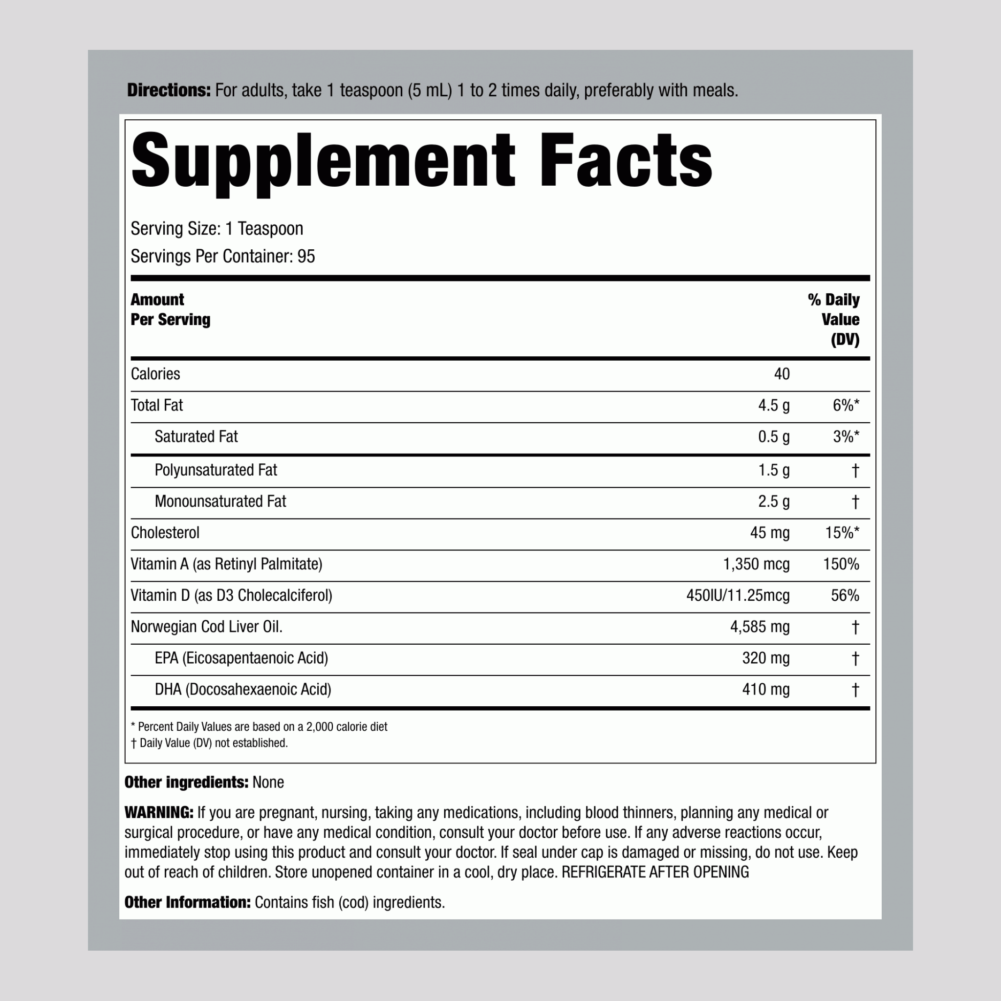 挪威高級魚肝油（原味） 16 fl oz 473 毫升 酒瓶    