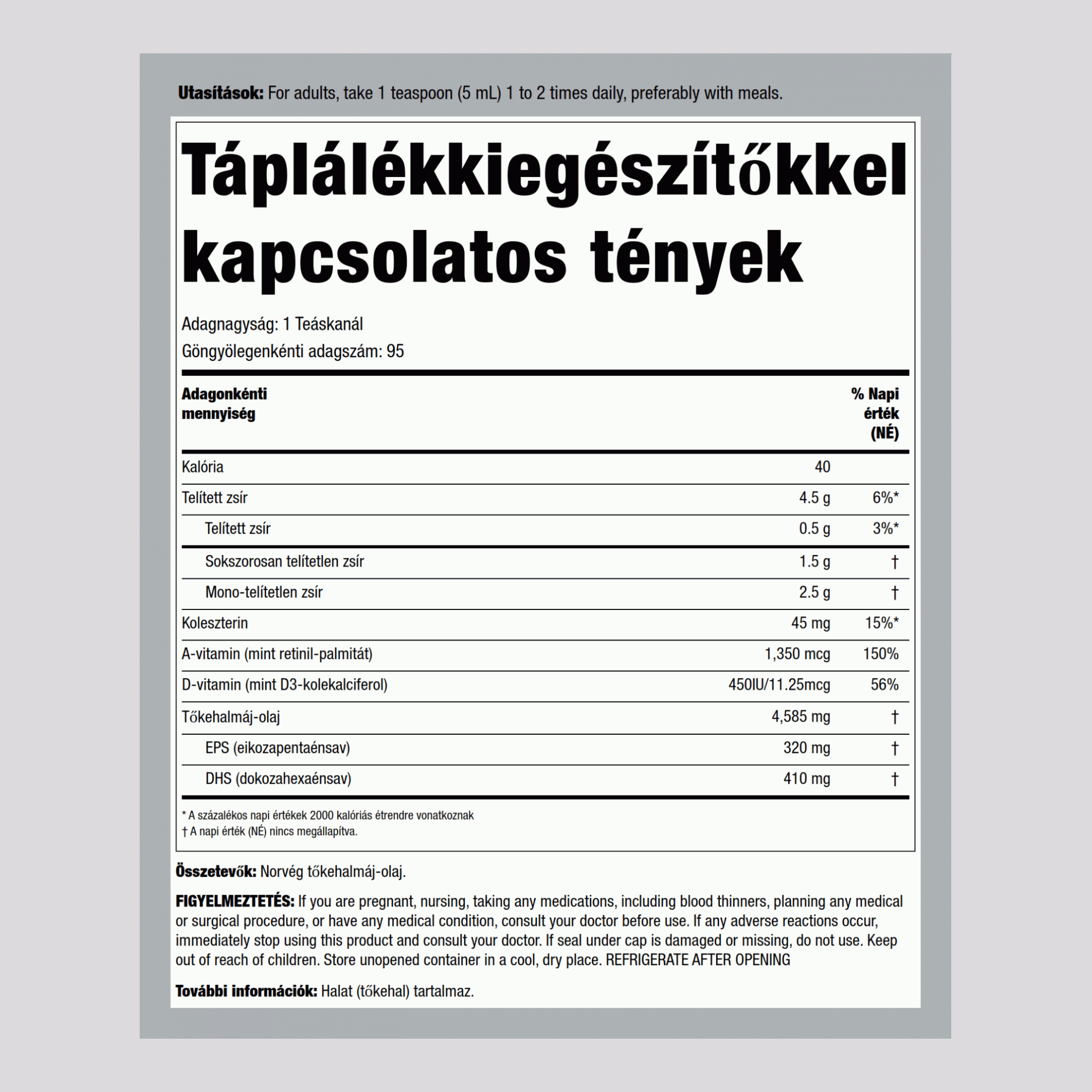 Engelvaer norvég tőkehalolaj (sima) 16 fl oz 473 ml Palack    