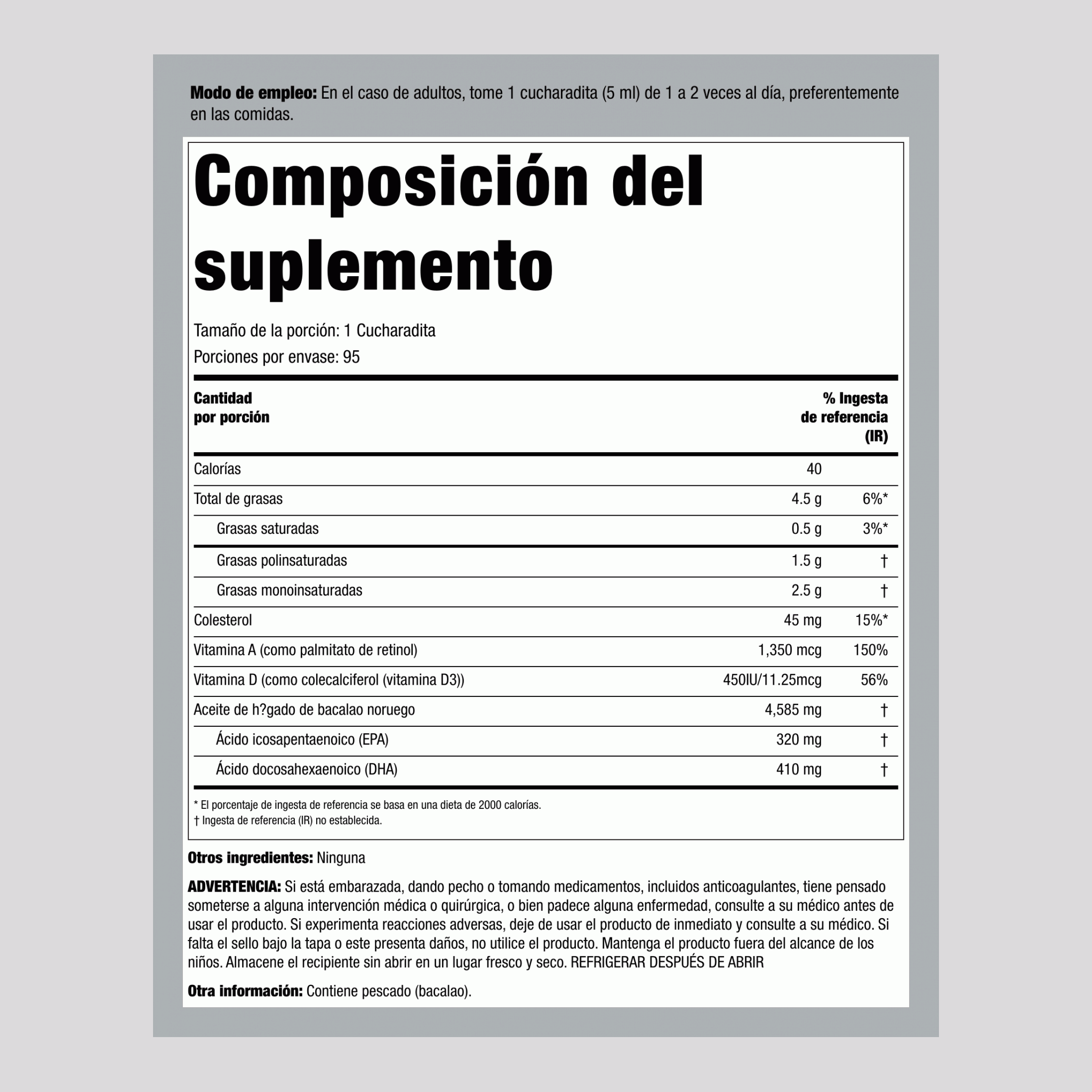 Aceite de hígado de bacalao Engelvaer noruego (neutro),  16 fl oz 473 ml Botella/Frasco 3 Botellas/Frascos