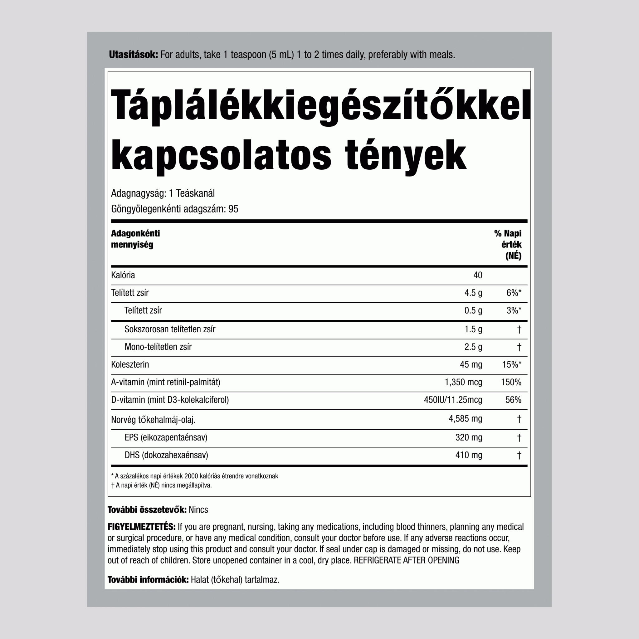 Engelvaer norvég tőkehalolaj (sima),  16 fl oz 473 ml Palack 3 Palackok