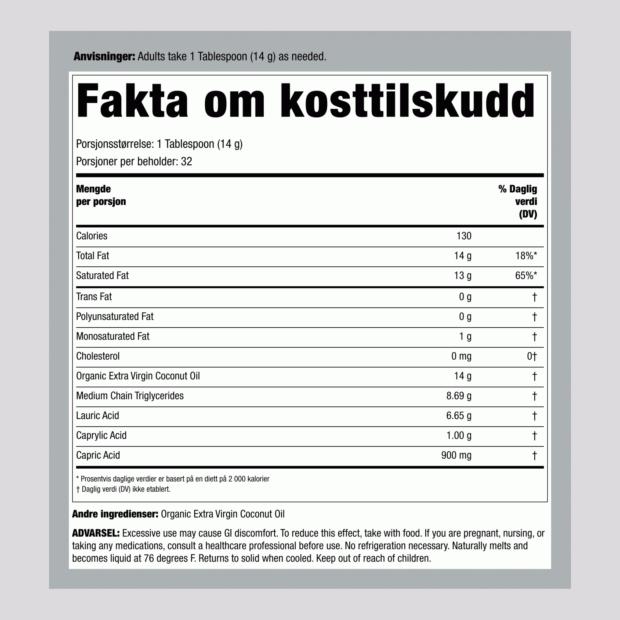 Extra Virgin kokosnøttolje (Økologisk) 16 ounce 453 mL Flaske    