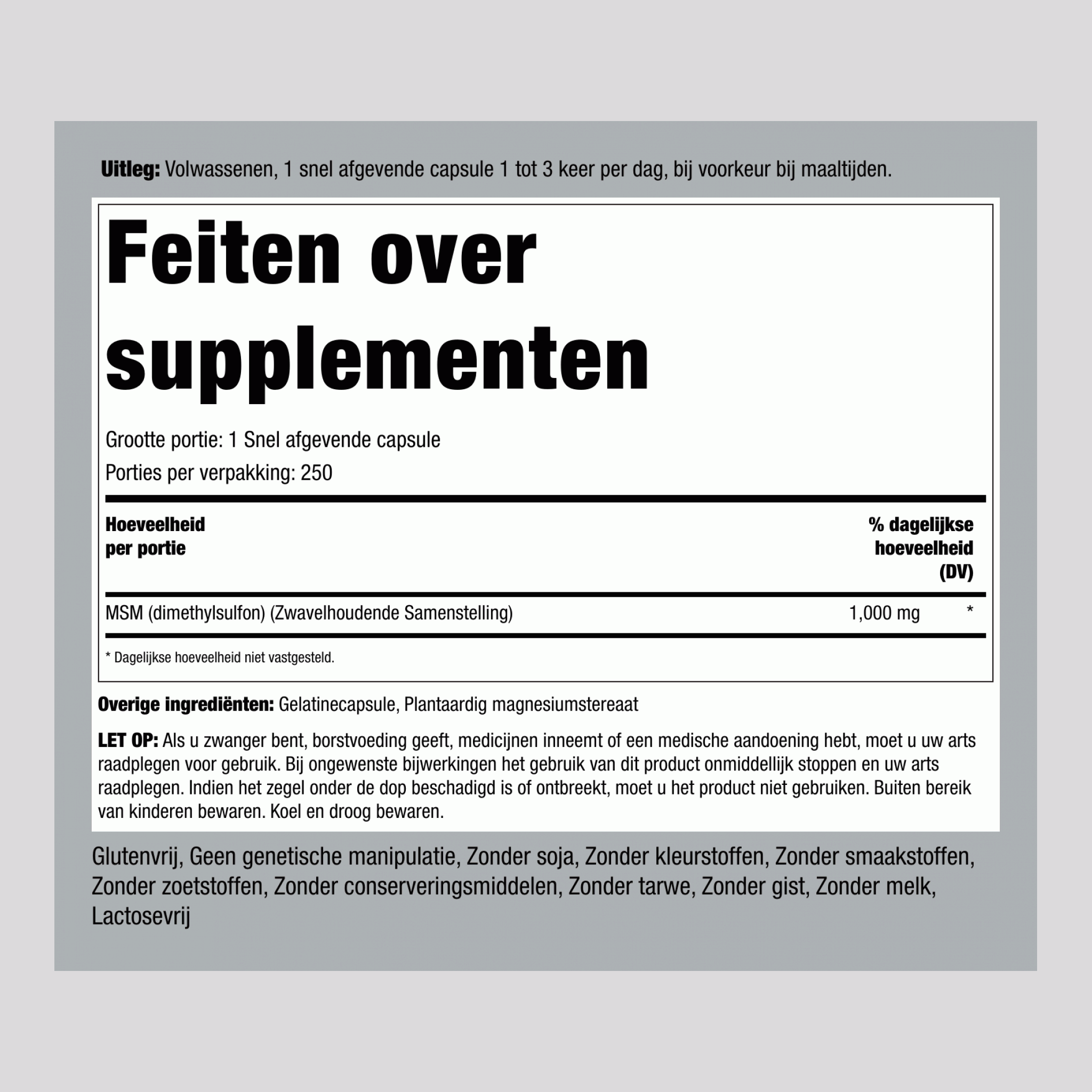 MSM + zwavel  1000 mg 250 Snel afgevende capsules     