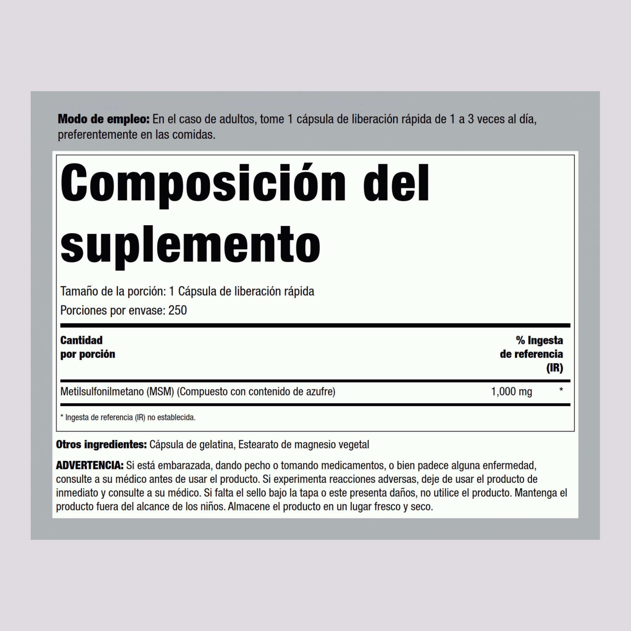 MSM + Sulfuro  1000 mg 250 Cápsulas de liberación rápida     