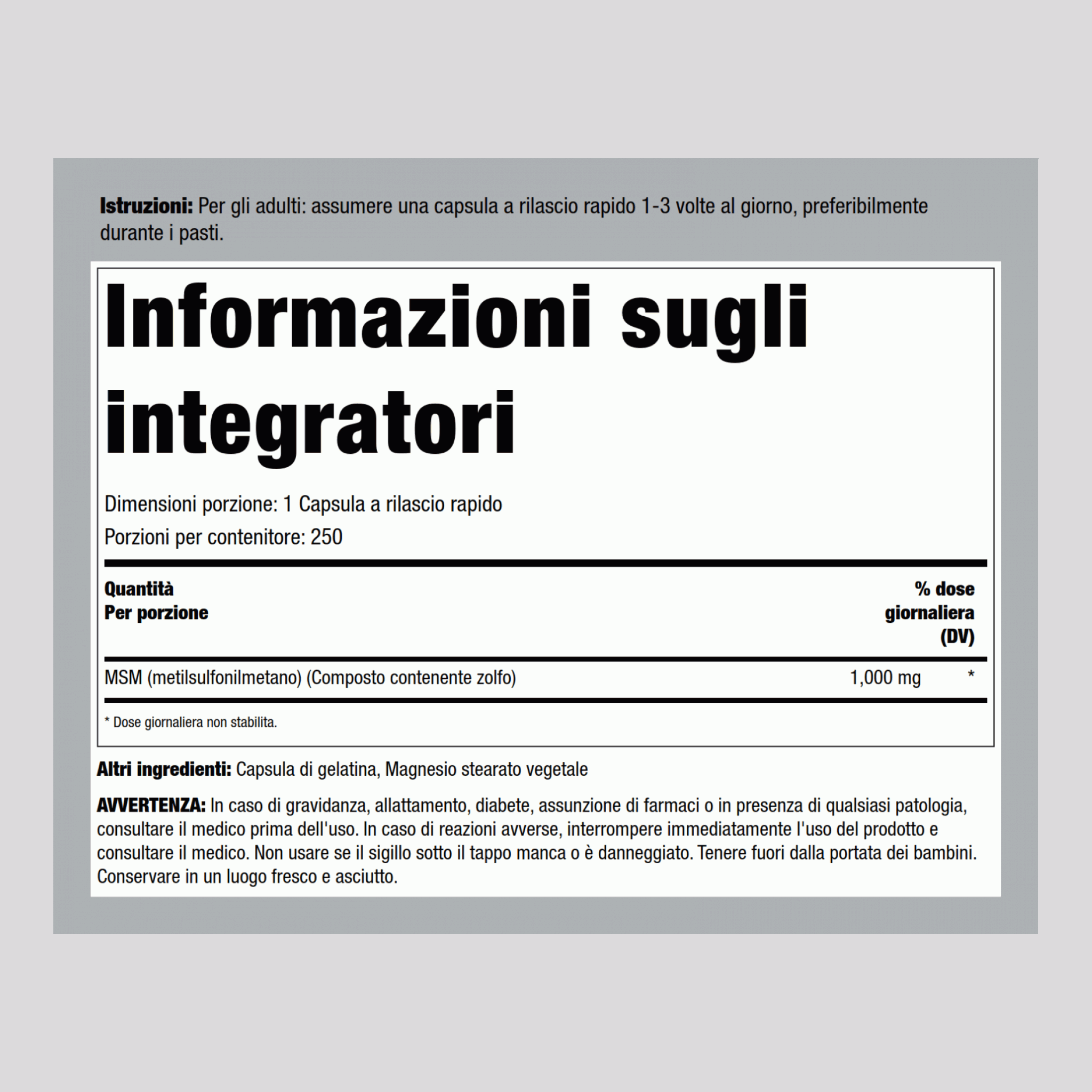 MSM + Solfuro  1000 mg 250 Capsule a rilascio rapido     