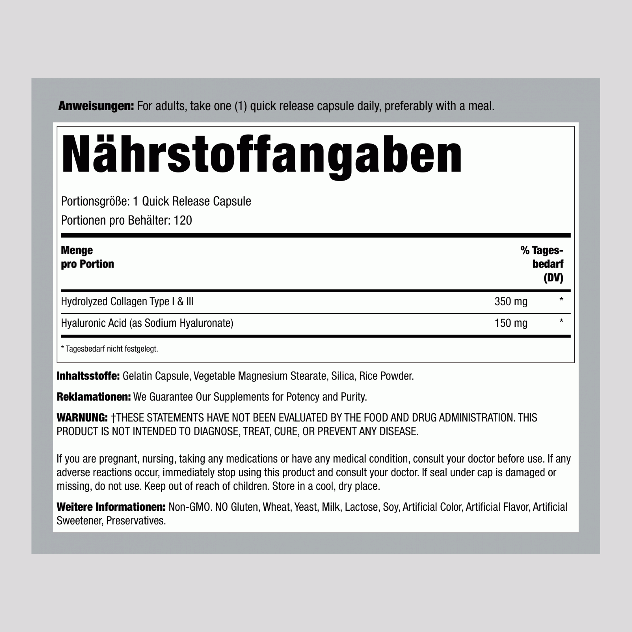 Hyaluronsäure plus Kollagen 150 mg 120 Kapseln mit schneller Freisetzung     