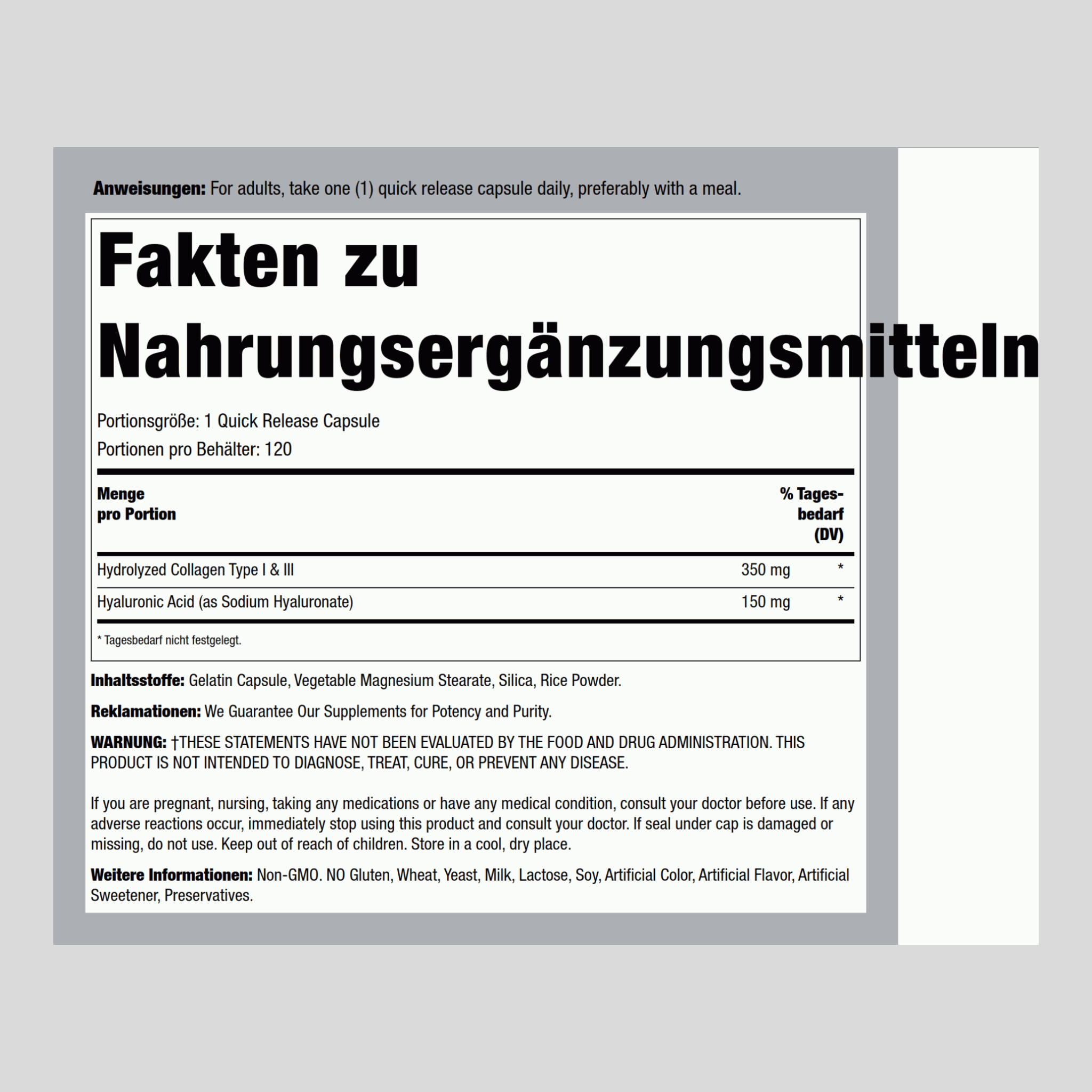 Hyaluronsäure plus Kollagen 150 mg 120 Kapseln mit schneller Freisetzung     