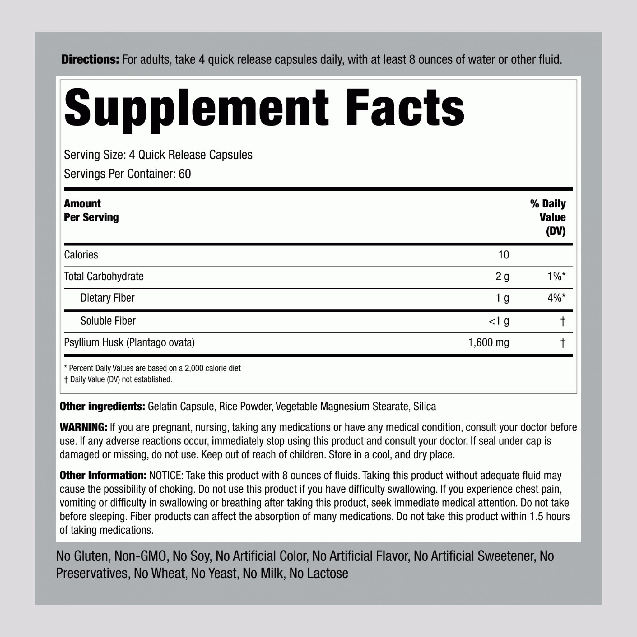 Psyllium Husks, 1600 mg (per serving), 240 Quick Release Capsules