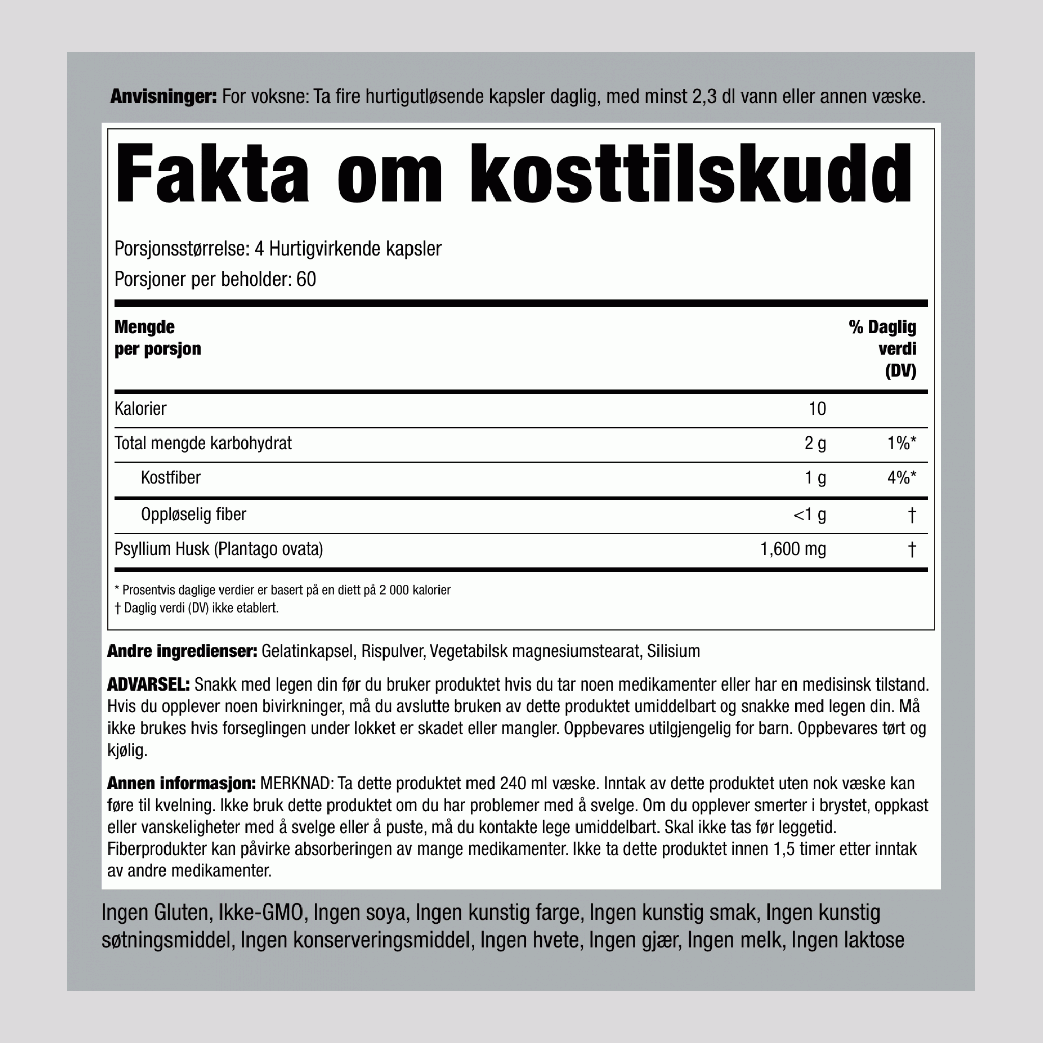 Psyllium Husk, 1600 mg (per porsjon), 240 hurtigutløsende kapsler