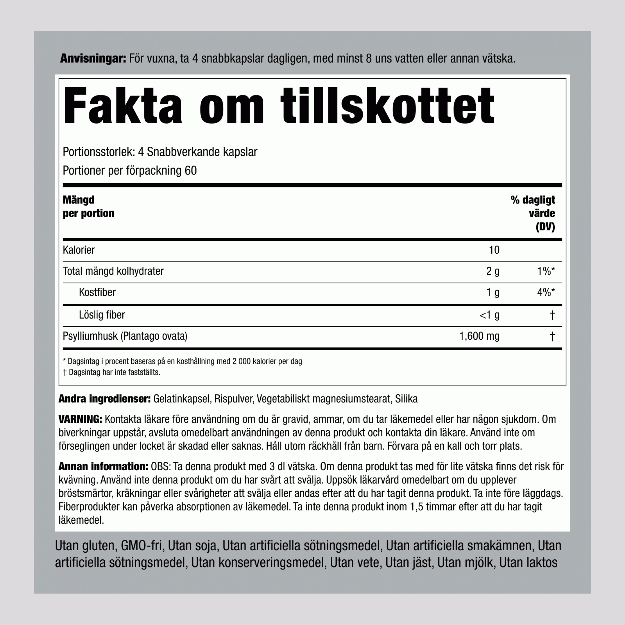 Psyllium Husk, 1600 mg (per portion), 240 Snabbsläppta Kapslar