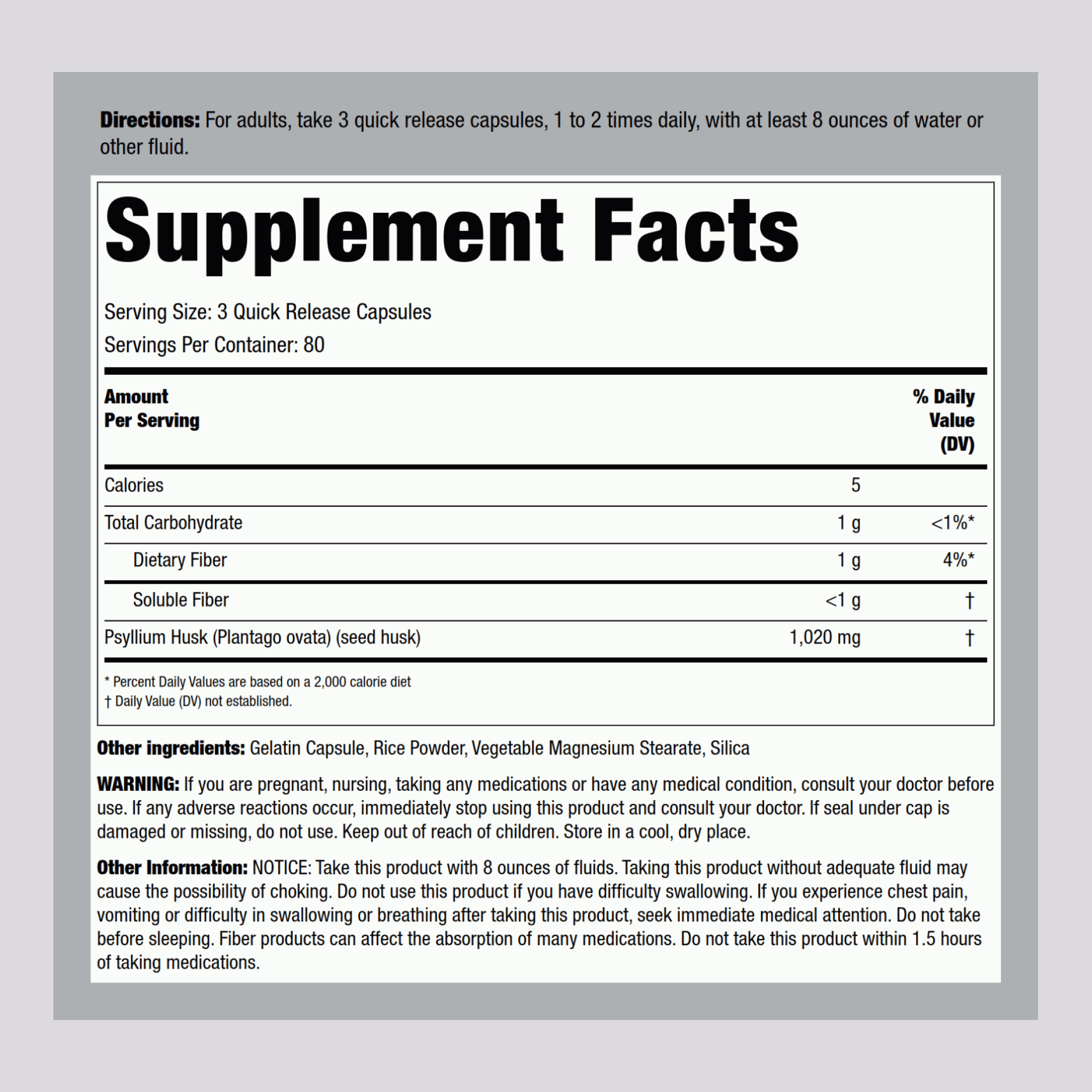 Psyllium Husks, 1530 mg (per serving), 240 Quick Release Capsules