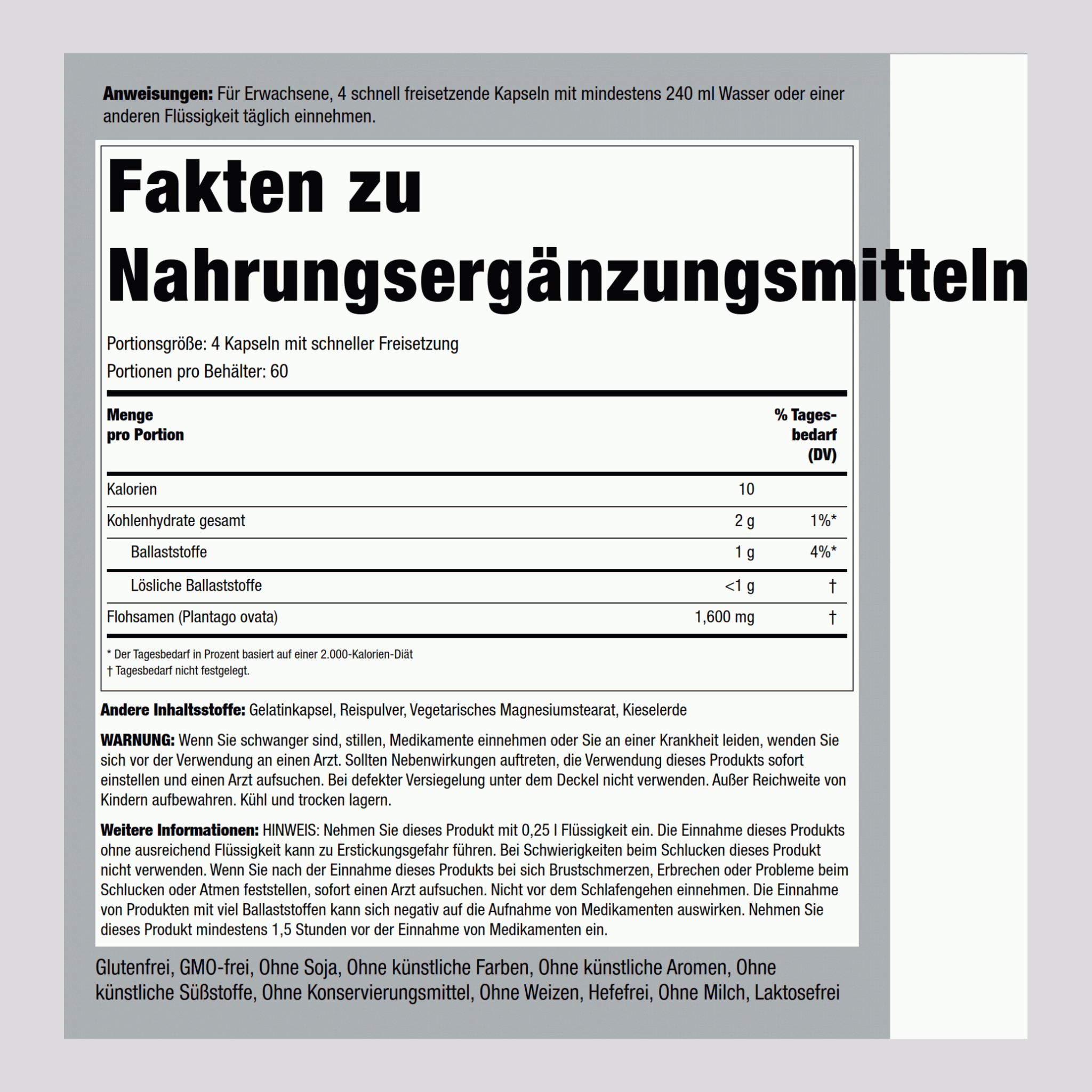 Psylliumschalen  1600 mg (pro Portion) 240 Kapseln mit schneller Freisetzung 2 Flaschen   